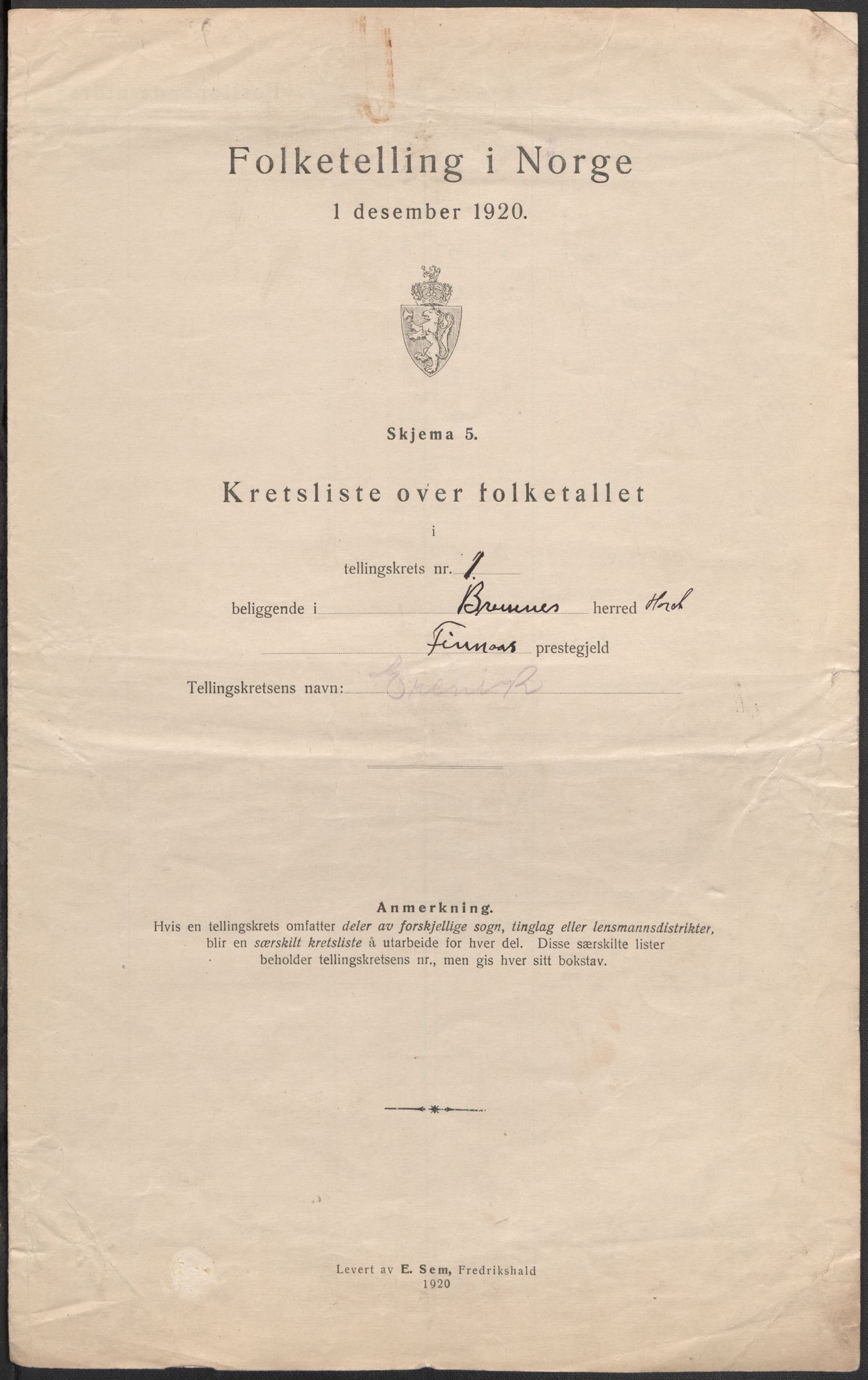 SAB, 1920 census for Bremnes, 1920, p. 5