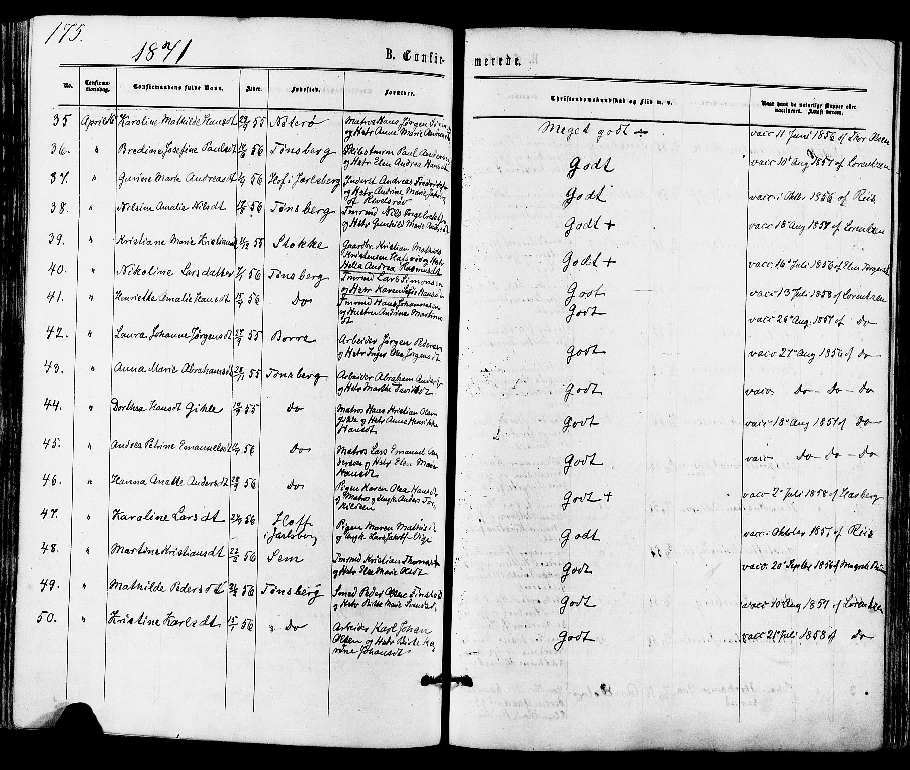 Tønsberg kirkebøker, SAKO/A-330/F/Fa/L0009: Parish register (official) no. I 9, 1865-1873, p. 175