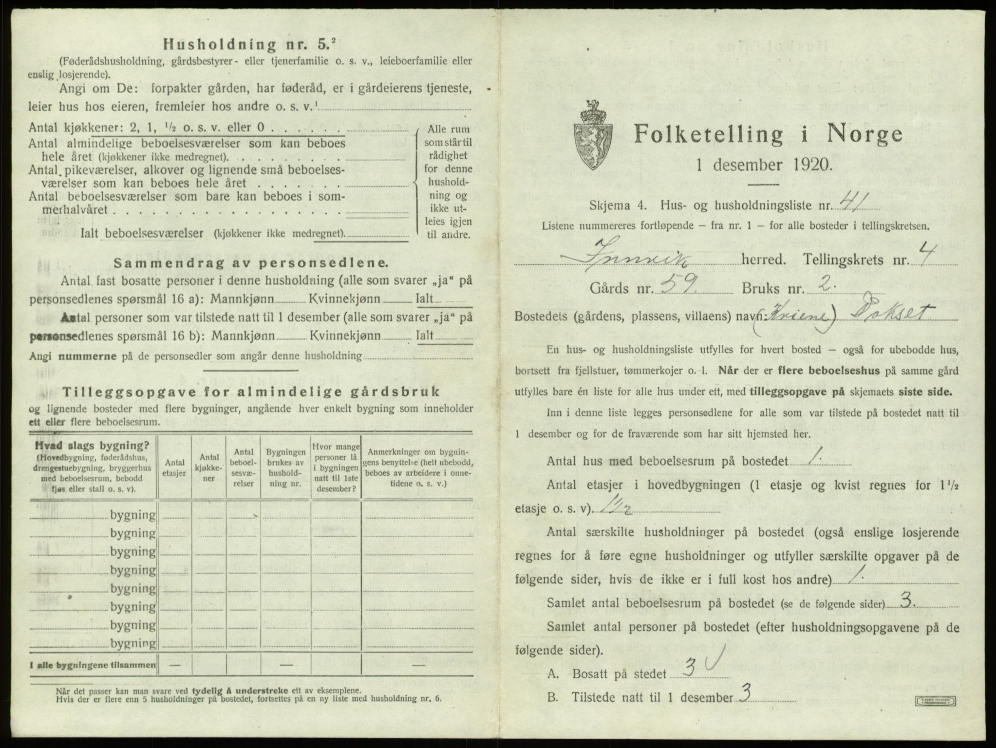 SAB, 1920 census for Innvik, 1920, p. 308