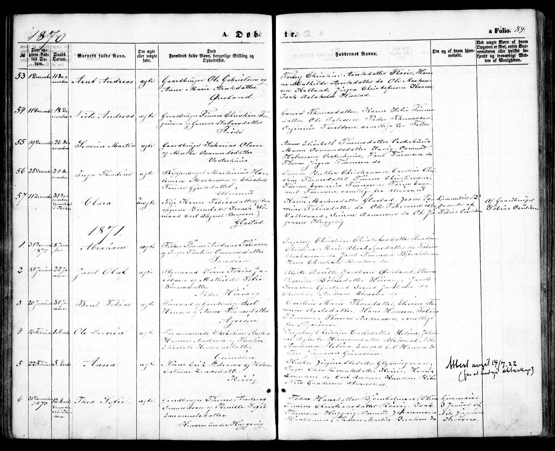 Høvåg sokneprestkontor, SAK/1111-0025/F/Fa/L0004: Parish register (official) no. A 4, 1859-1877, p. 84