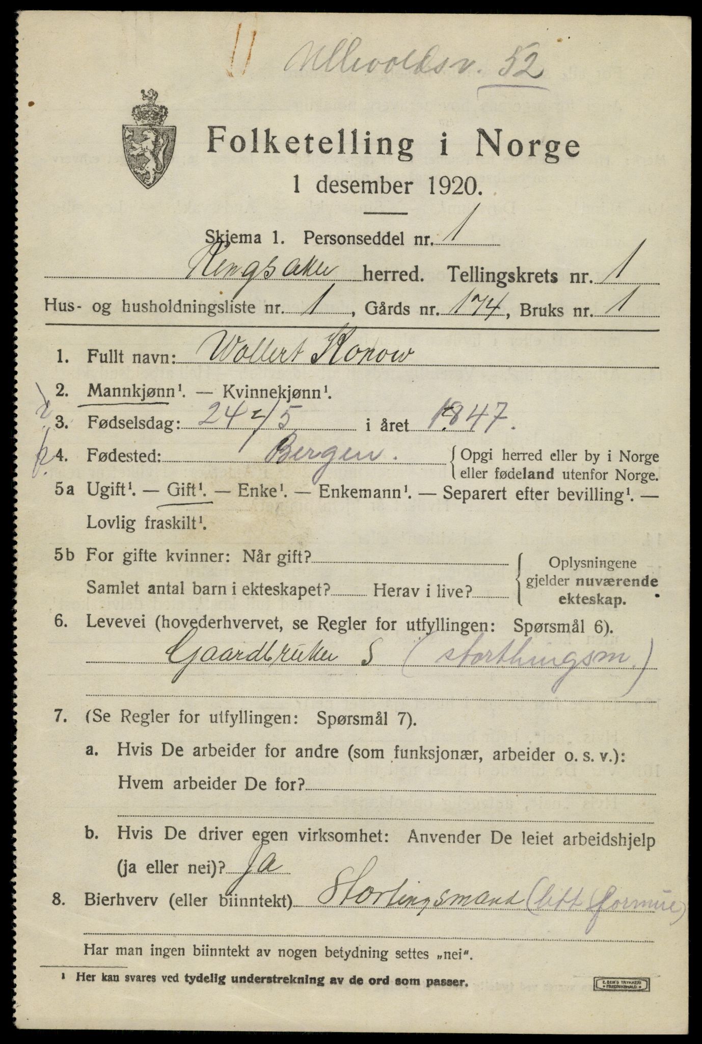 SAH, 1920 census for Ringsaker, 1920, p. 4366