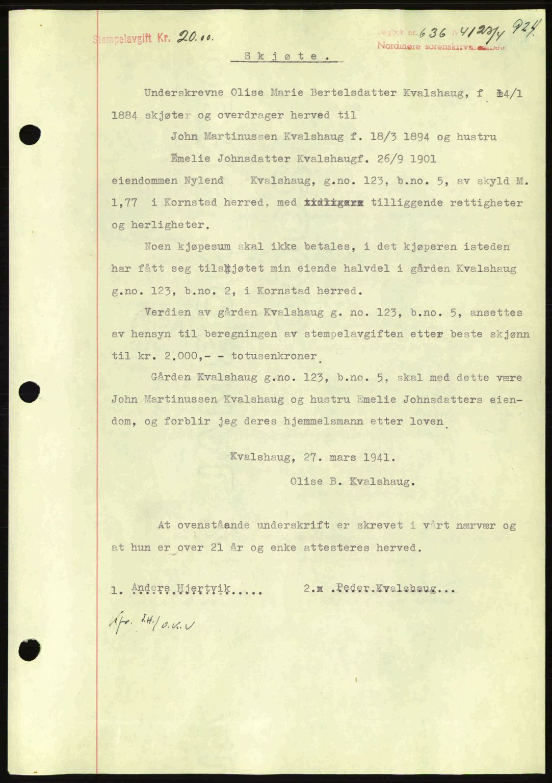 Nordmøre sorenskriveri, SAT/A-4132/1/2/2Ca: Mortgage book no. A89, 1940-1941, Diary no: : 636/1941