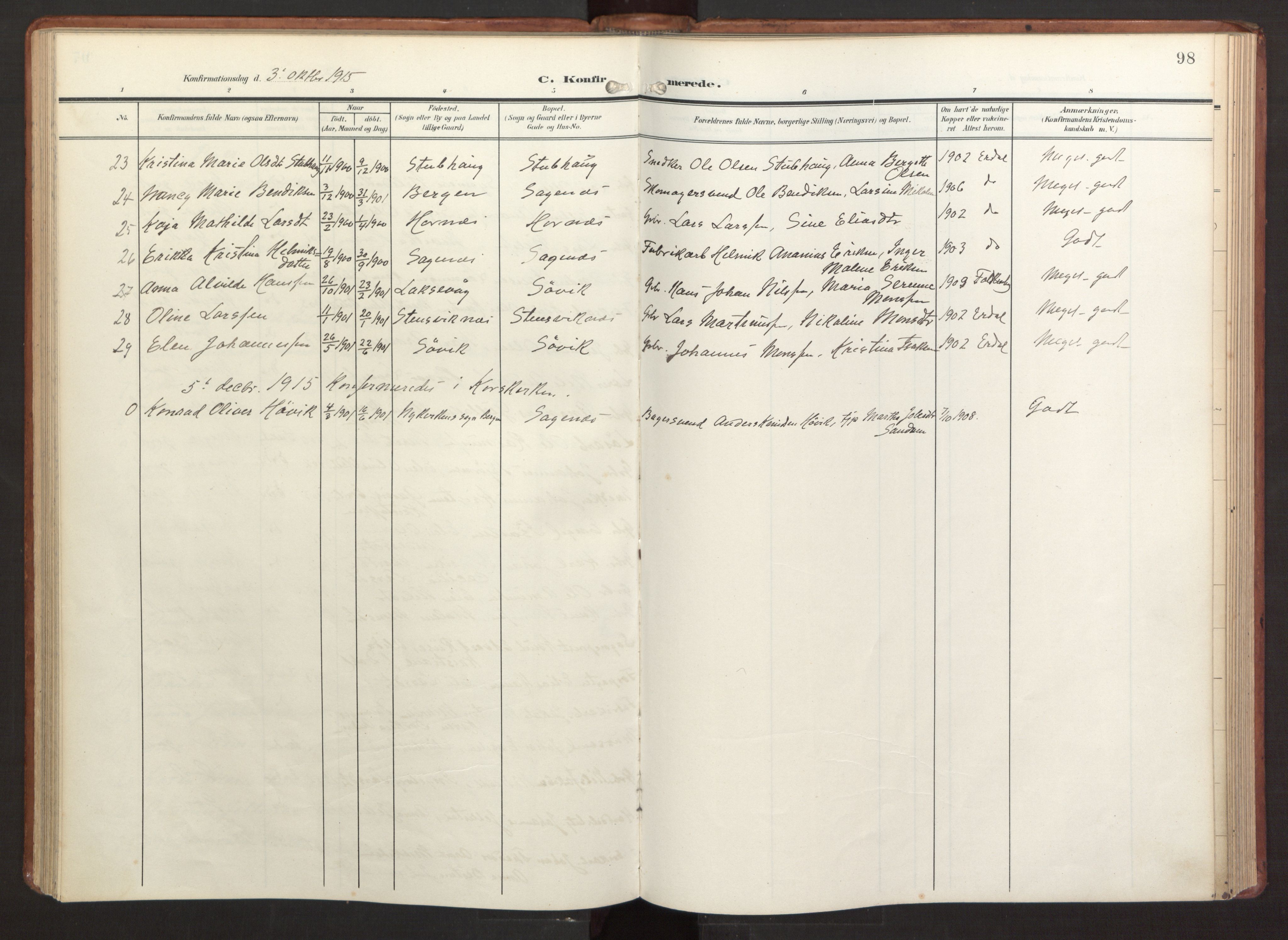 Fana Sokneprestembete, AV/SAB-A-75101/H/Haa/Haab/L0004: Parish register (official) no. B 4, 1908-1915, p. 98