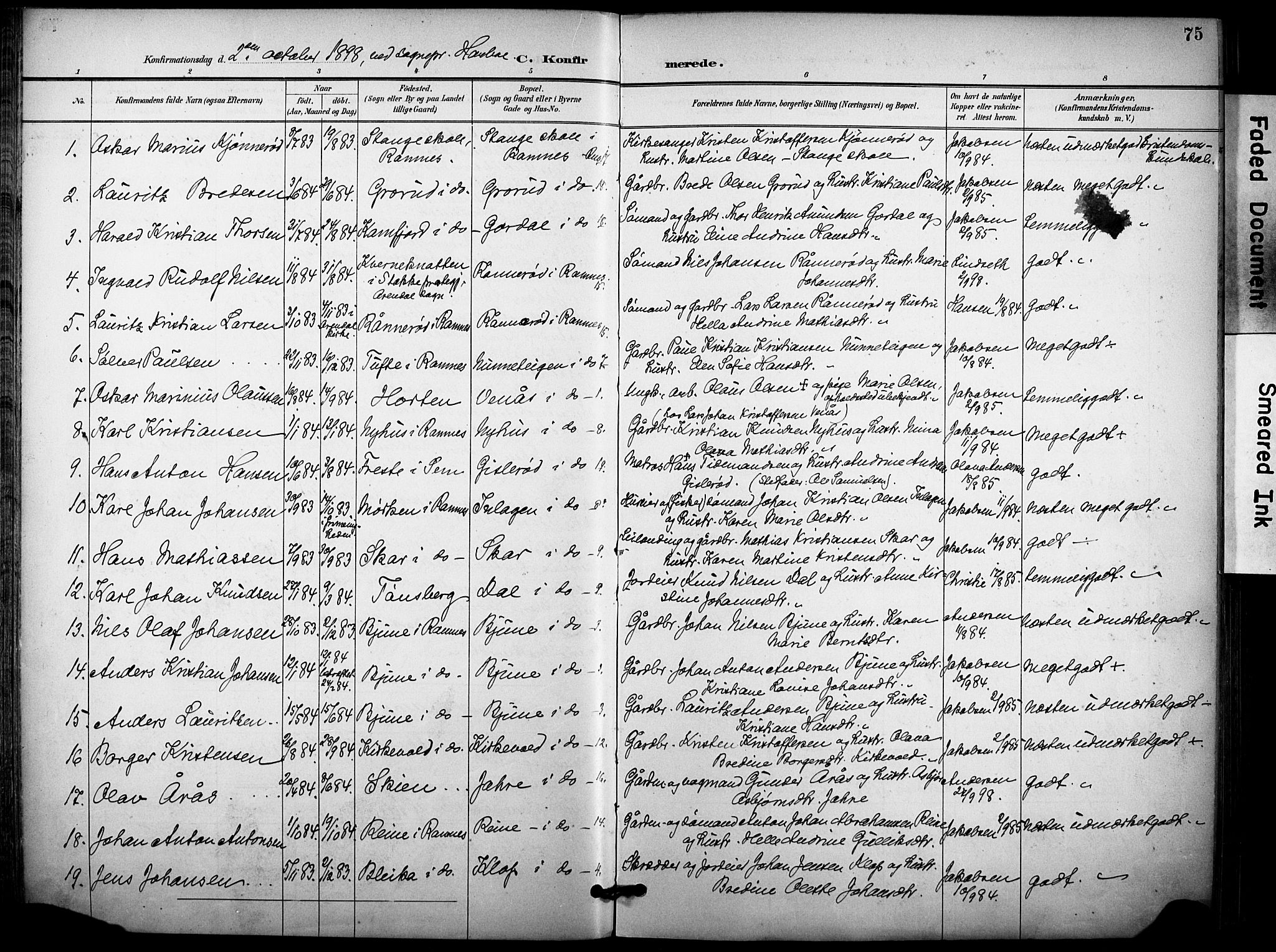 Ramnes kirkebøker, AV/SAKO-A-314/F/Fa/L0008: Parish register (official) no. I 8, 1896-1913, p. 75