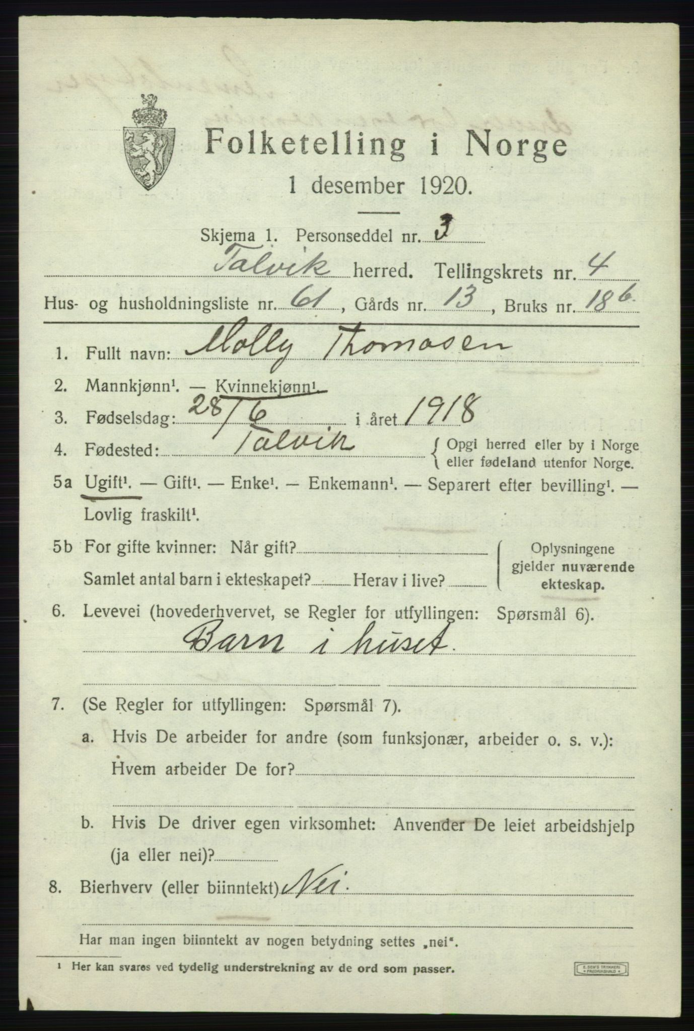 SATØ, 1920 census for Talvik, 1920, p. 3284