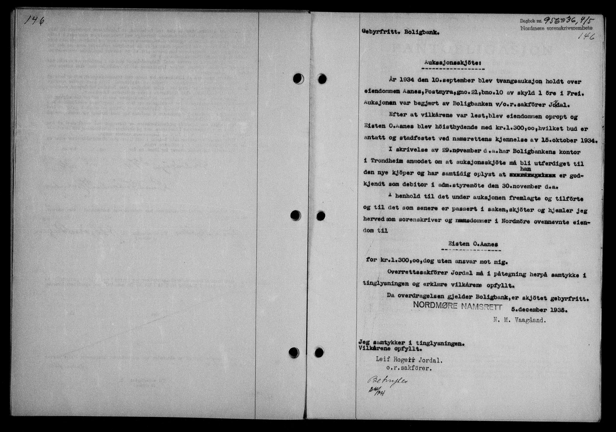 Nordmøre sorenskriveri, AV/SAT-A-4132/1/2/2Ca/L0088: Mortgage book no. 78, 1936-1936, Diary no: : 956/1936