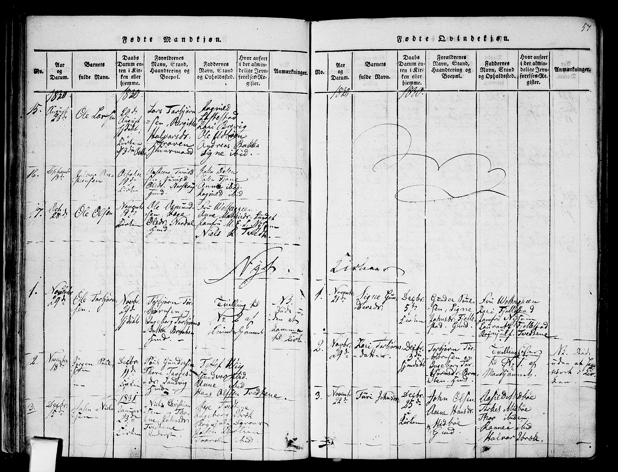 Nissedal kirkebøker, SAKO/A-288/F/Fa/L0002: Parish register (official) no. I 2, 1814-1845, p. 57