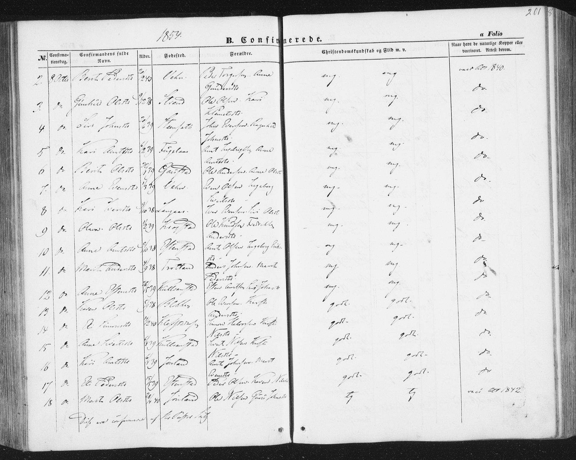 Ministerialprotokoller, klokkerbøker og fødselsregistre - Sør-Trøndelag, AV/SAT-A-1456/691/L1076: Parish register (official) no. 691A08, 1852-1861, p. 201