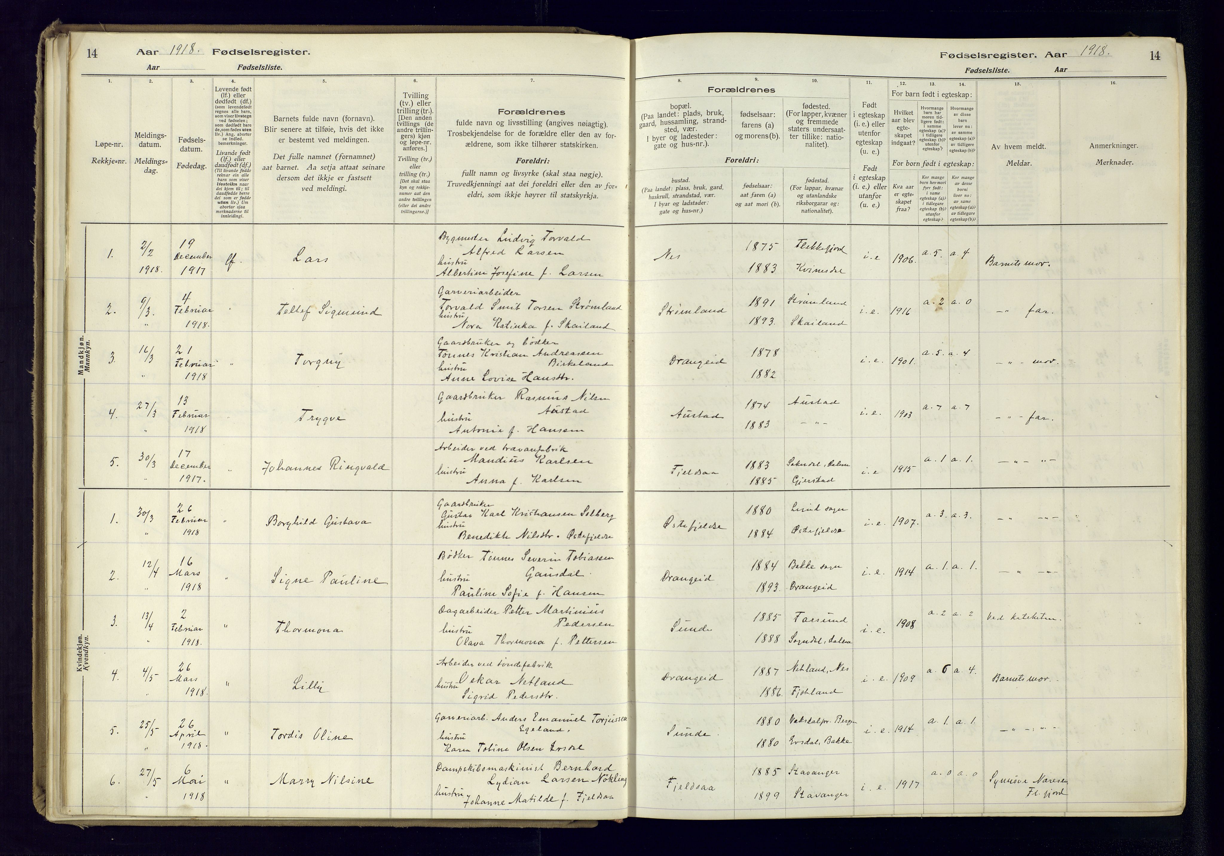 Flekkefjord sokneprestkontor, SAK/1111-0012/J/Ja/L0005: Birth register no. 5, 1916-1950, p. 14