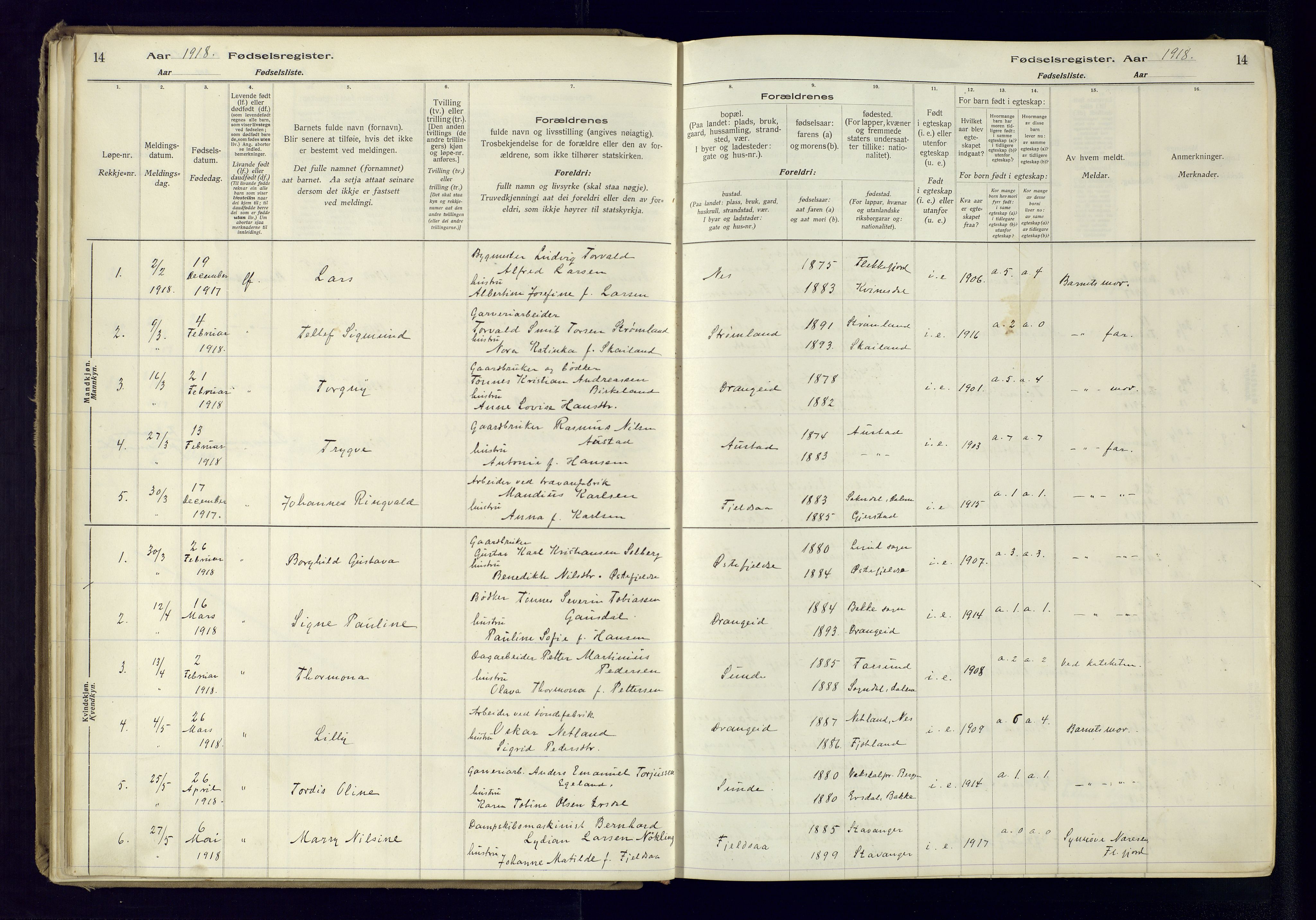 Flekkefjord sokneprestkontor, AV/SAK-1111-0012/J/Ja/L0005: Birth register no. 5, 1916-1950, p. 14