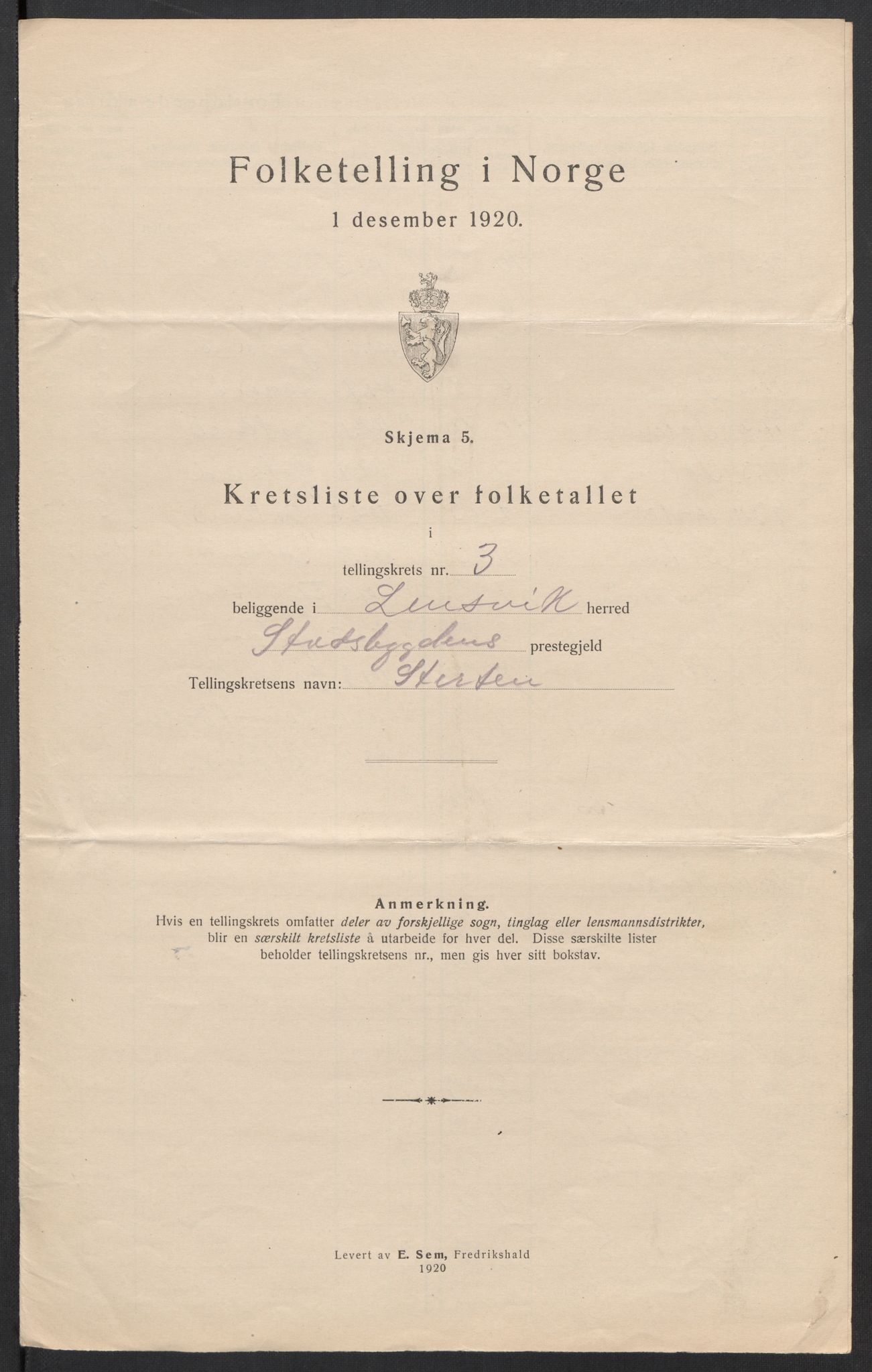 SAT, 1920 census for Lensvik, 1920, p. 12