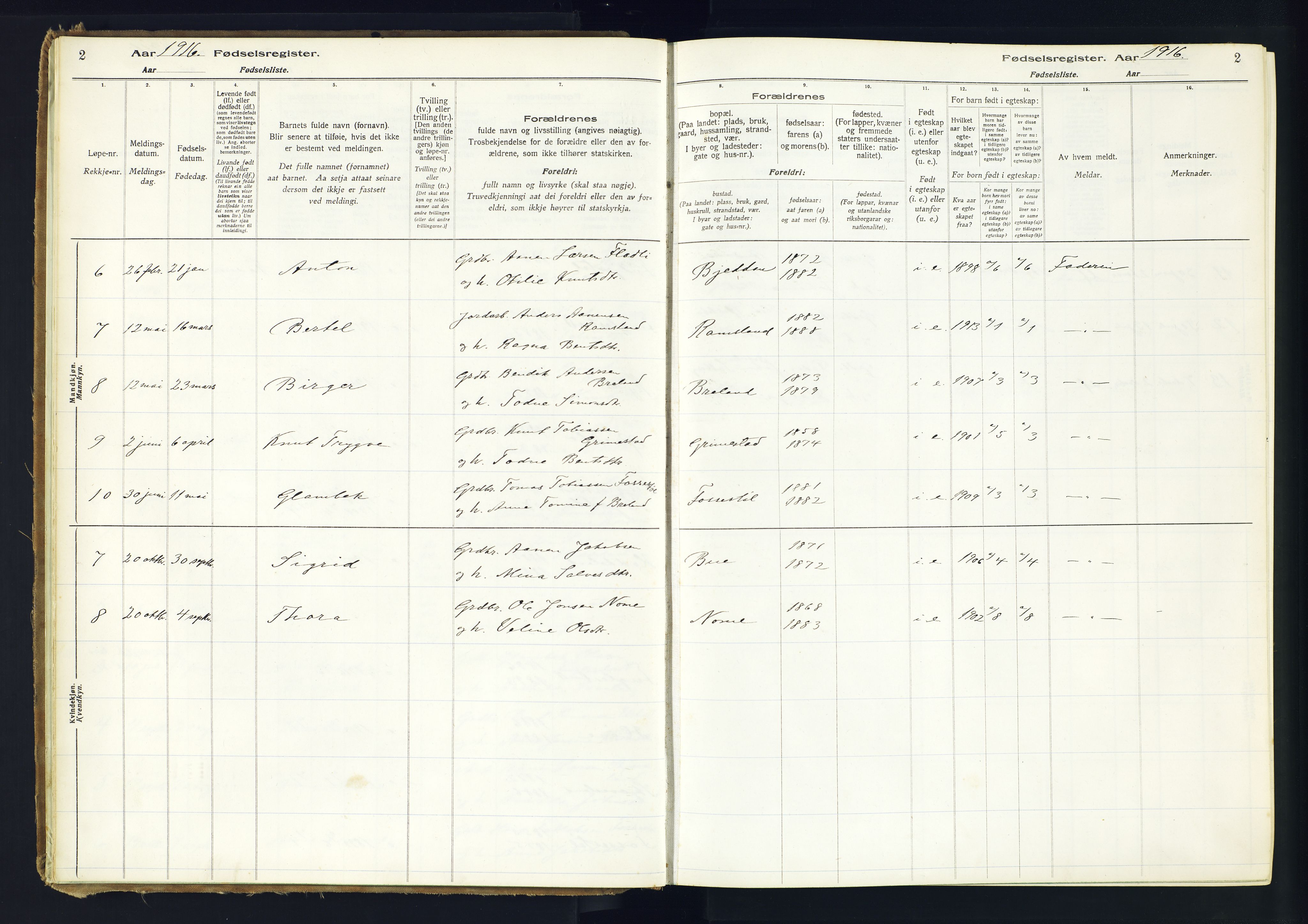 Holum sokneprestkontor, AV/SAK-1111-0022/J/Ja/L0002: Birth register no. II.6.11, 1916-1982, p. 2