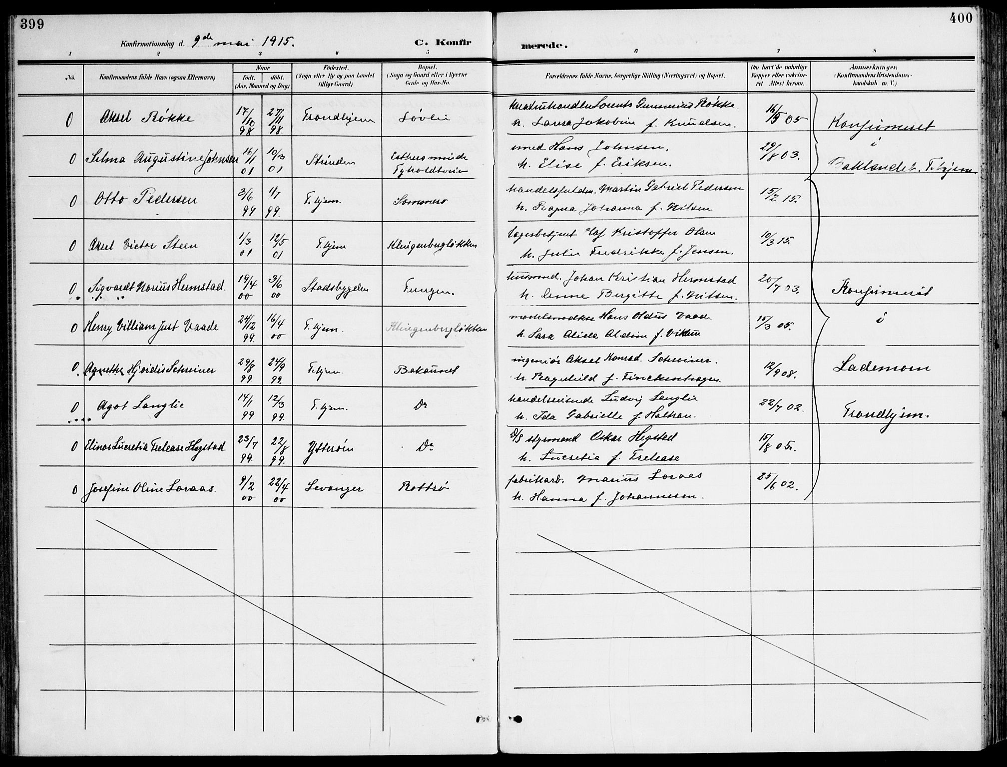 Ministerialprotokoller, klokkerbøker og fødselsregistre - Sør-Trøndelag, SAT/A-1456/607/L0320: Parish register (official) no. 607A04, 1907-1915, p. 399-400