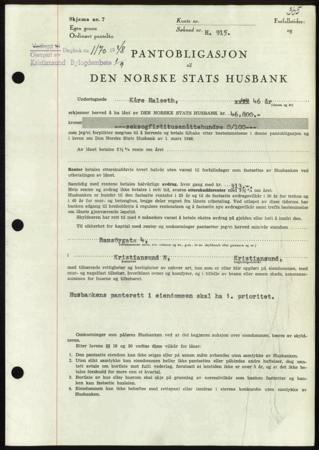 Kristiansund byfogd, AV/SAT-A-4587/A/27: Mortgage book no. 44, 1947-1948, Diary no: : 1170/1948