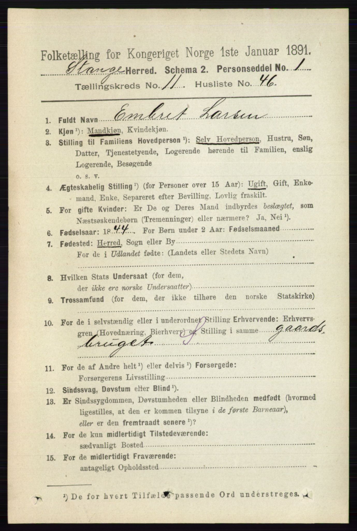 RA, 1891 census for 0417 Stange, 1891, p. 7739