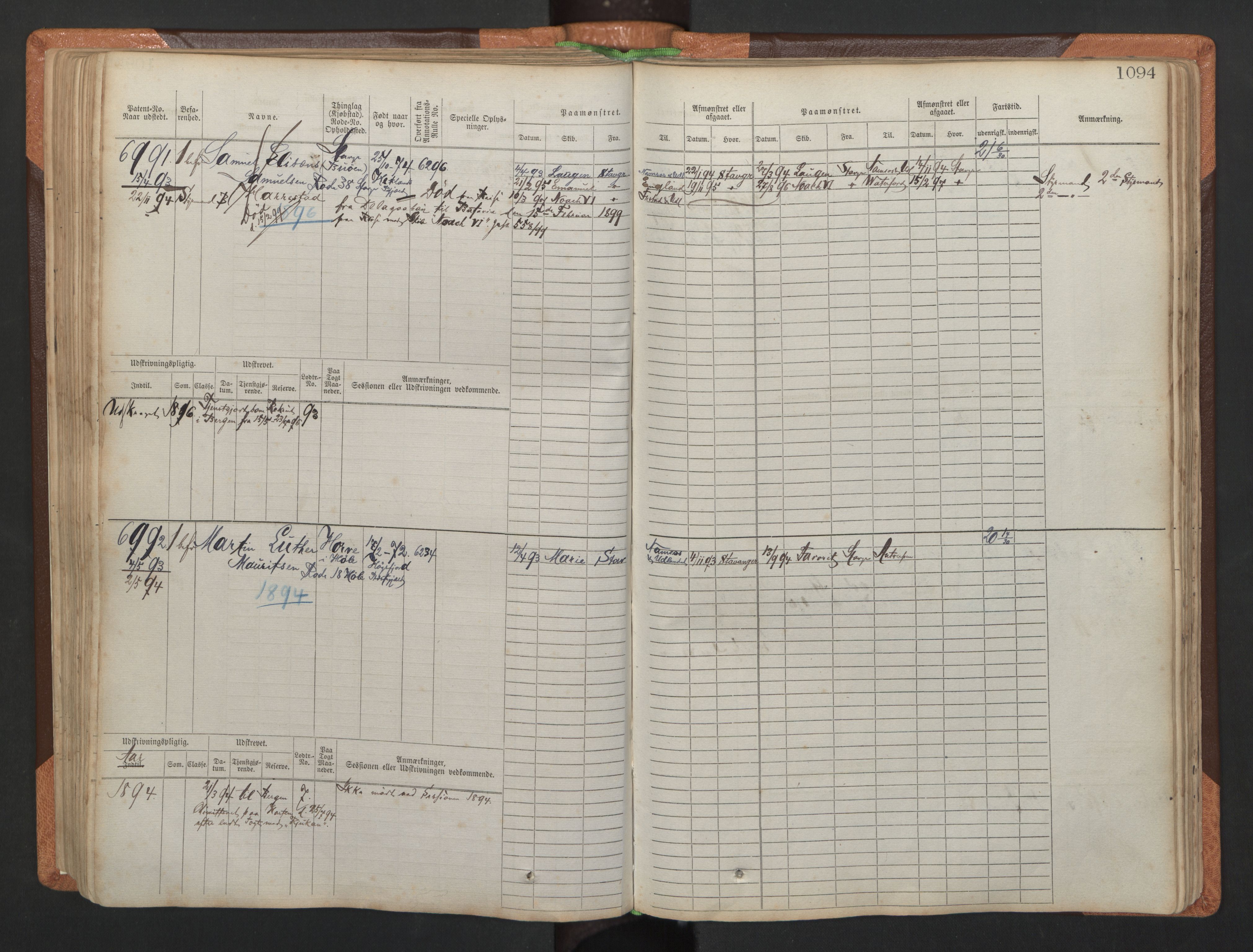 Stavanger sjømannskontor, AV/SAST-A-102006/F/Fb/Fbb/L0011: Sjøfartshovedrulle, patentnr. 6607-7206 (del 2), 1887-1896, p. 197