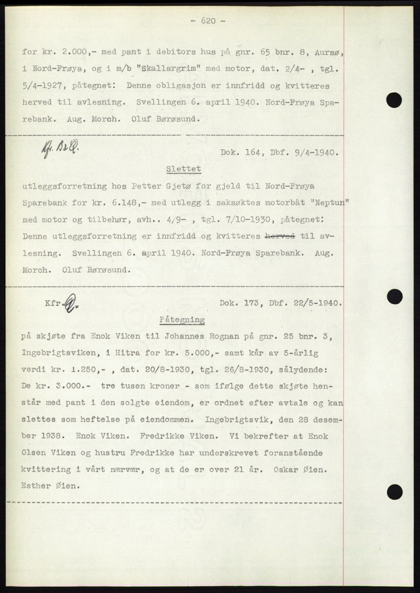 Hitra sorenskriveri, AV/SAT-A-0018/2/2C/2Ca: Mortgage book no. C1, 1936-1945, Diary no: : 164/1940