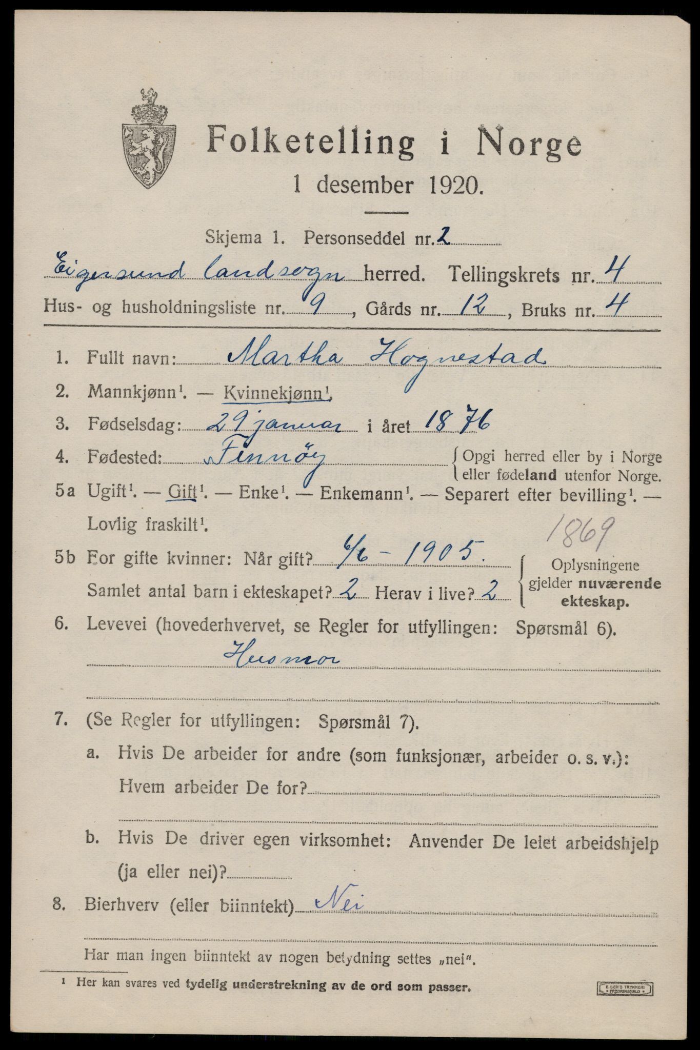 SAST, 1920 census for Eigersund, 1920, p. 2905
