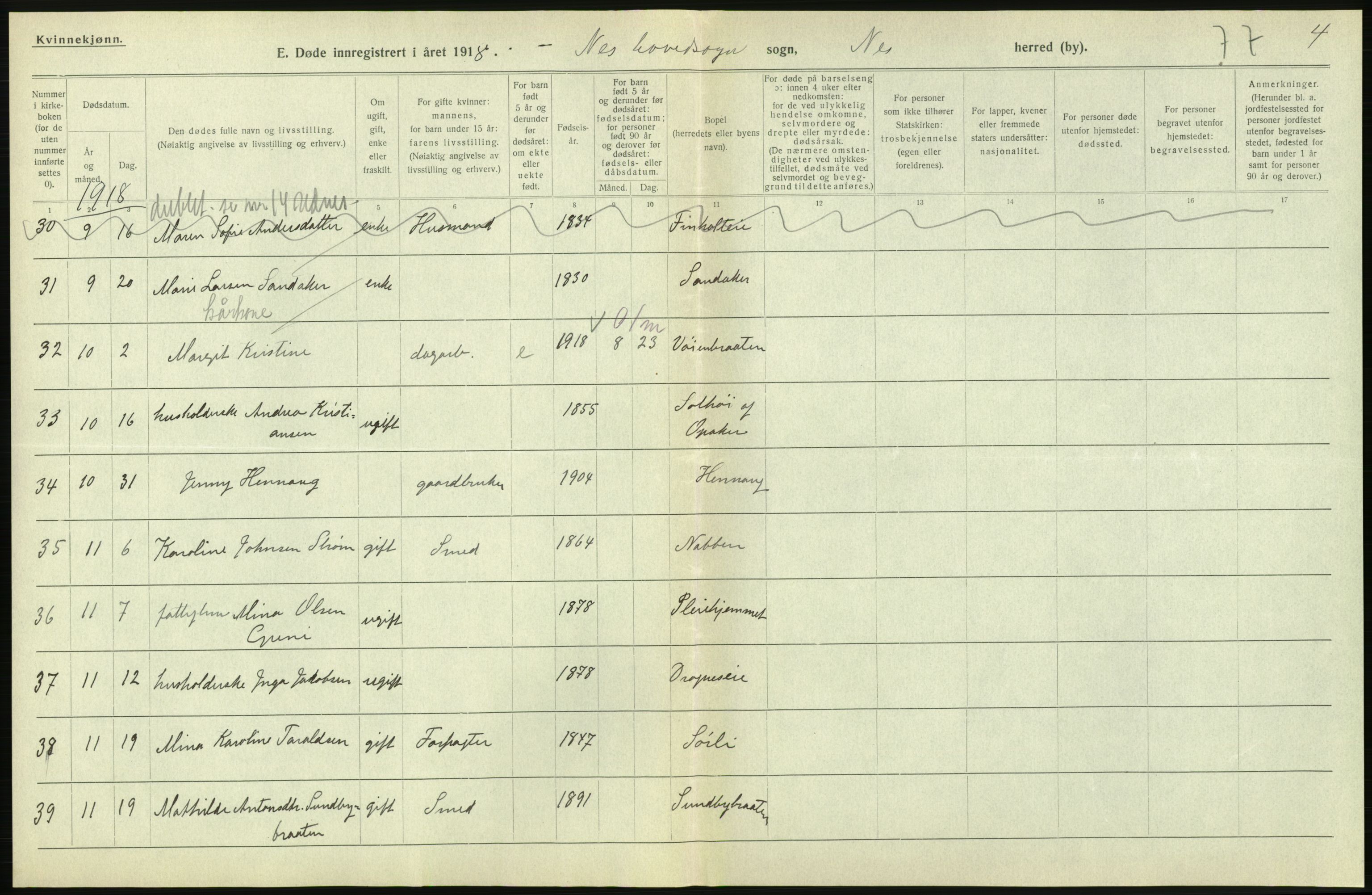 Statistisk sentralbyrå, Sosiodemografiske emner, Befolkning, RA/S-2228/D/Df/Dfb/Dfbh/L0006: Akershus fylke: Døde. Bygder og byer., 1918, p. 610