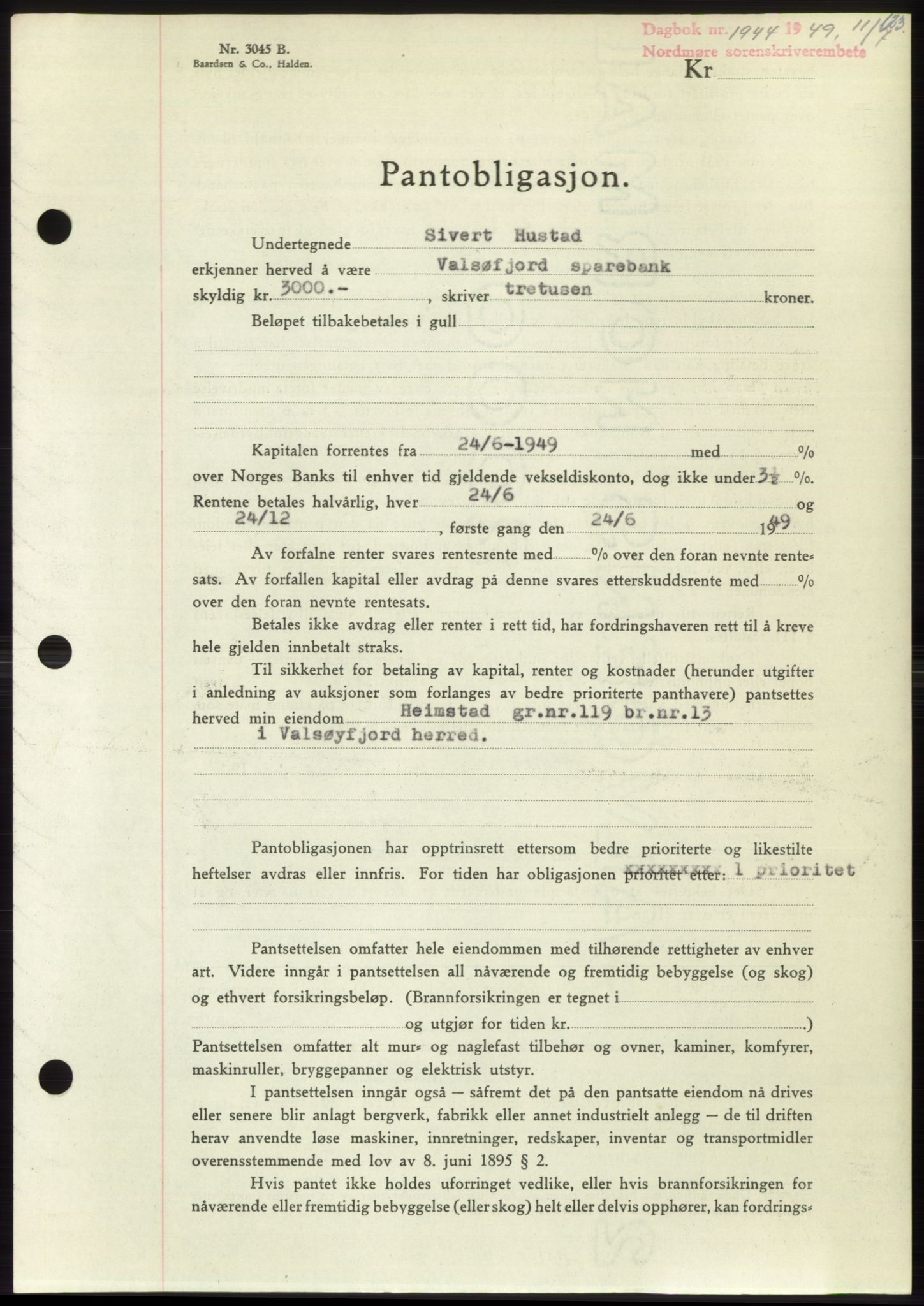 Nordmøre sorenskriveri, AV/SAT-A-4132/1/2/2Ca: Mortgage book no. B102, 1949-1949, Diary no: : 1944/1949