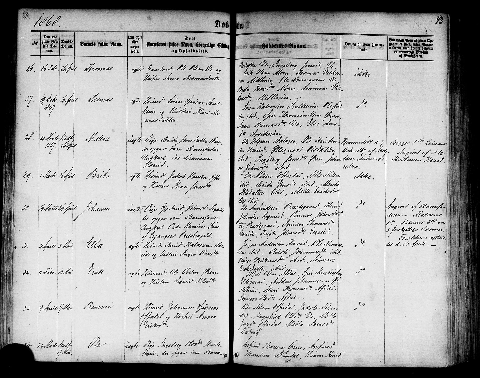 Årdal sokneprestembete, AV/SAB-A-81701: Parish register (official) no. A 3, 1863-1886, p. 43