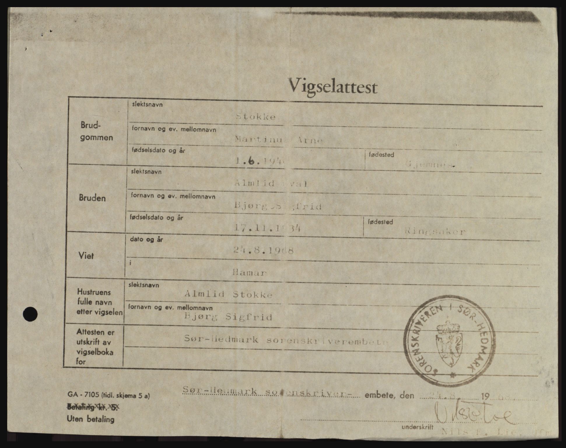 Nord-Hedmark sorenskriveri, SAH/TING-012/H/Hc/L0033: Mortgage book no. 33, 1970-1970, Diary no: : 1696/1970