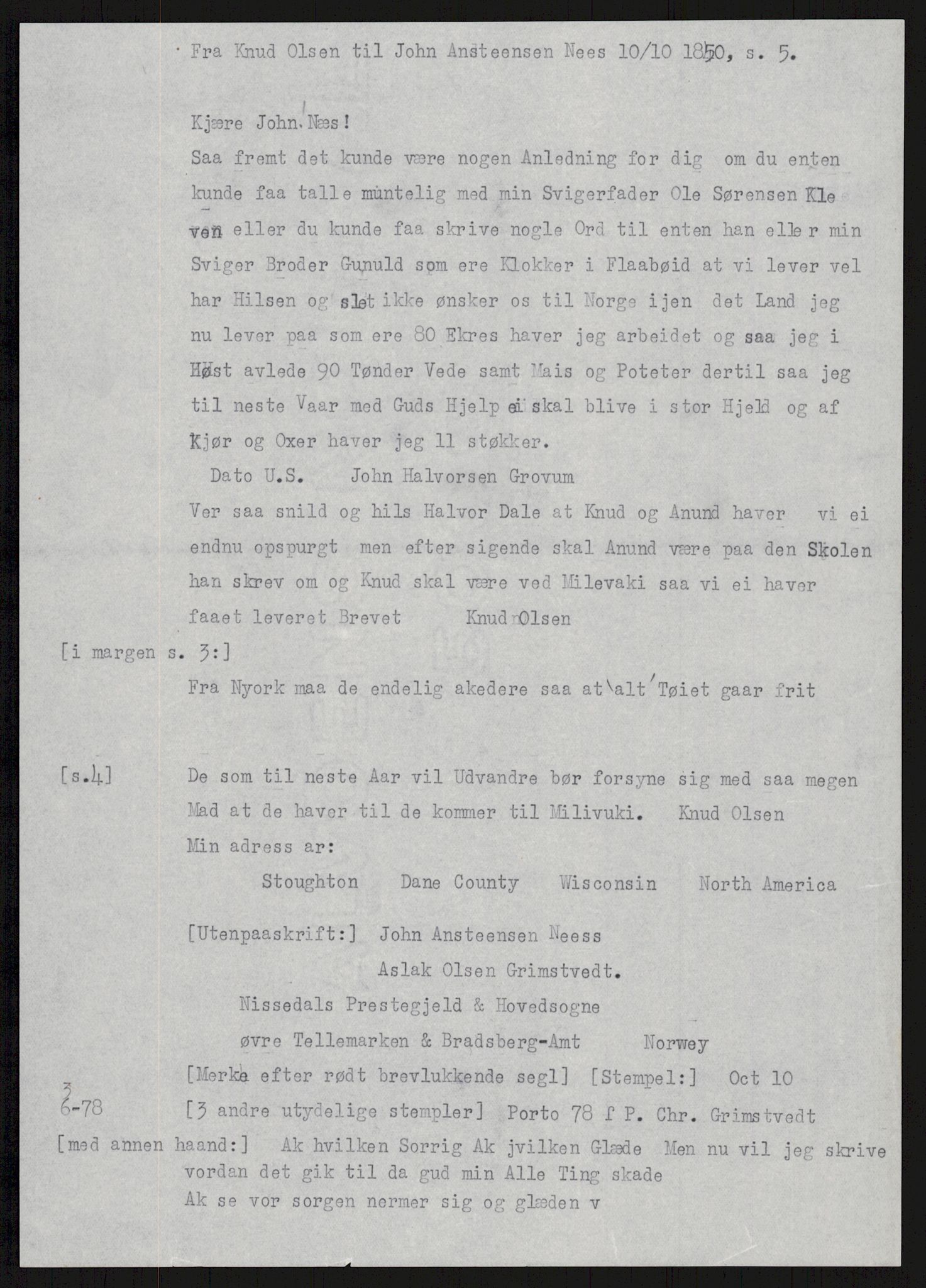 Samlinger til kildeutgivelse, Amerikabrevene, AV/RA-EA-4057/F/L0024: Innlån fra Telemark: Gunleiksrud - Willard, 1838-1914, p. 582