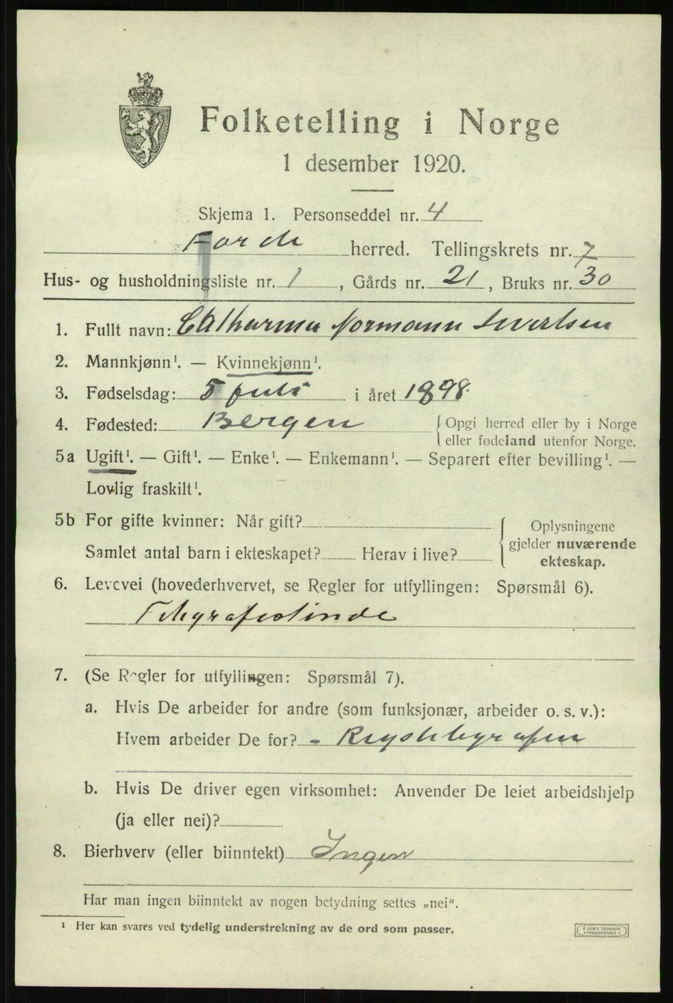 SAB, 1920 census for Førde, 1920, p. 2414