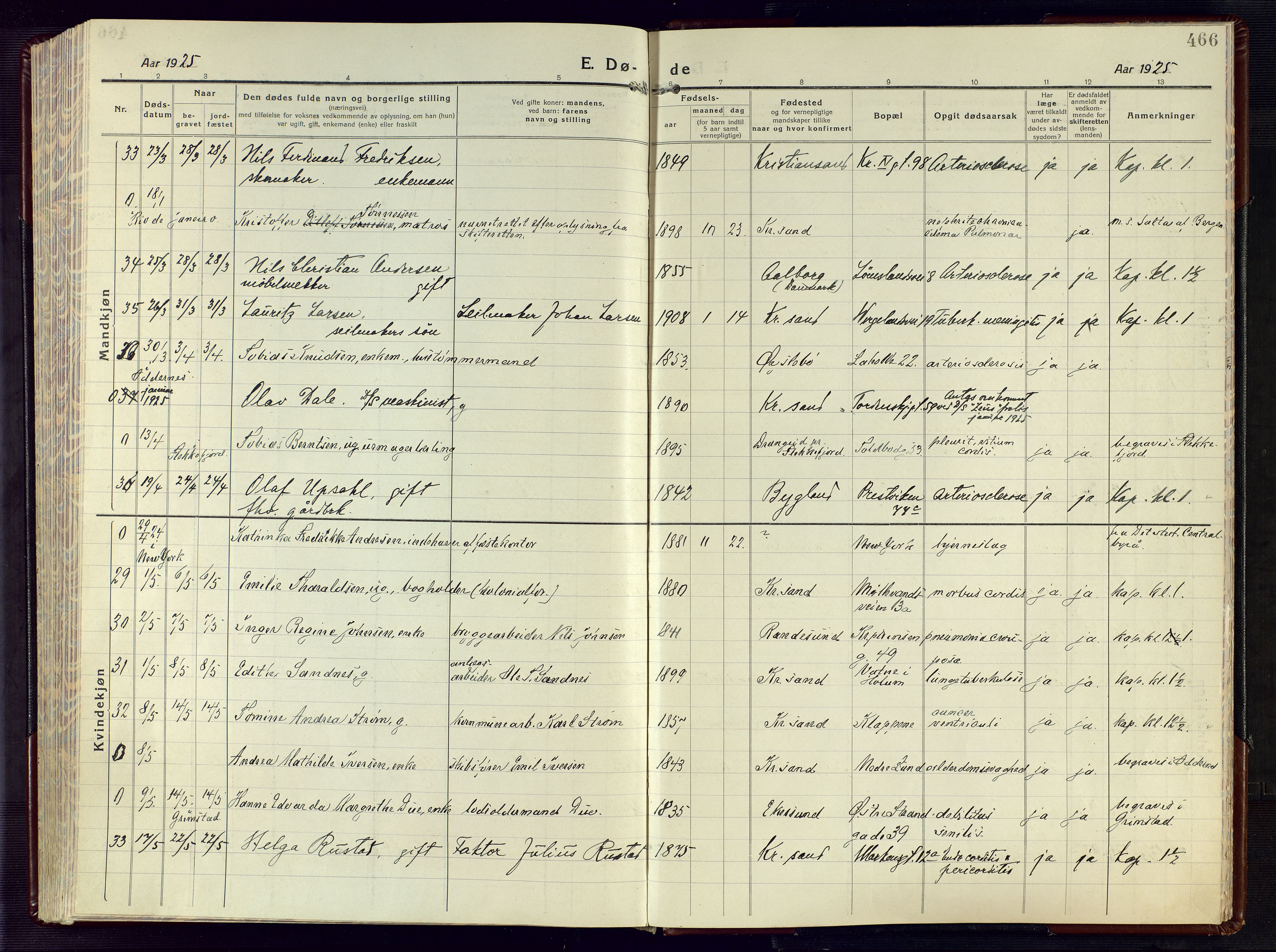 Kristiansand domprosti, AV/SAK-1112-0006/F/Fa/L0028: Parish register (official) no. A 27, 1917-1926, p. 466