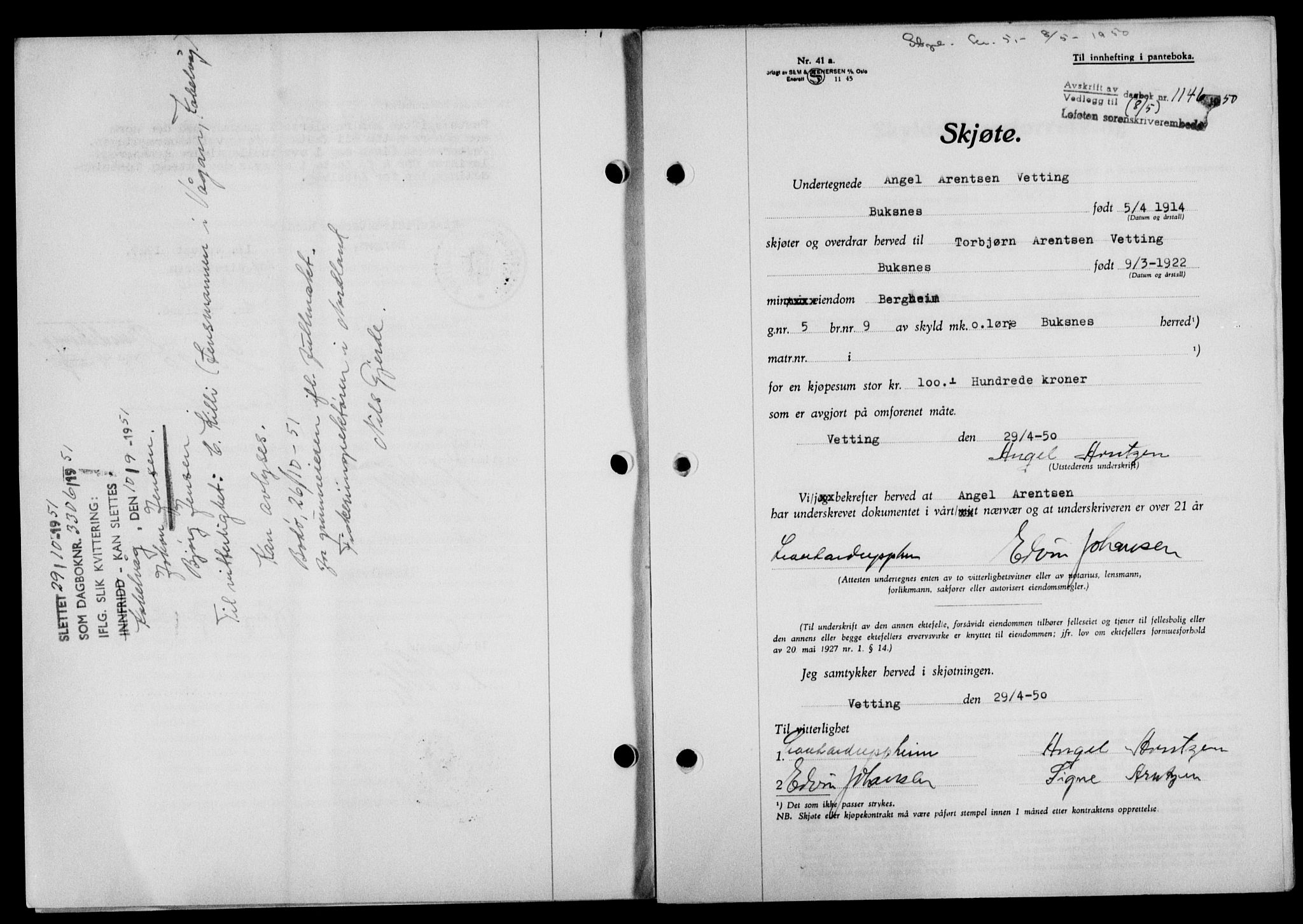 Lofoten sorenskriveri, SAT/A-0017/1/2/2C/L0023a: Mortgage book no. 23a, 1950-1950, Diary no: : 1146/1950