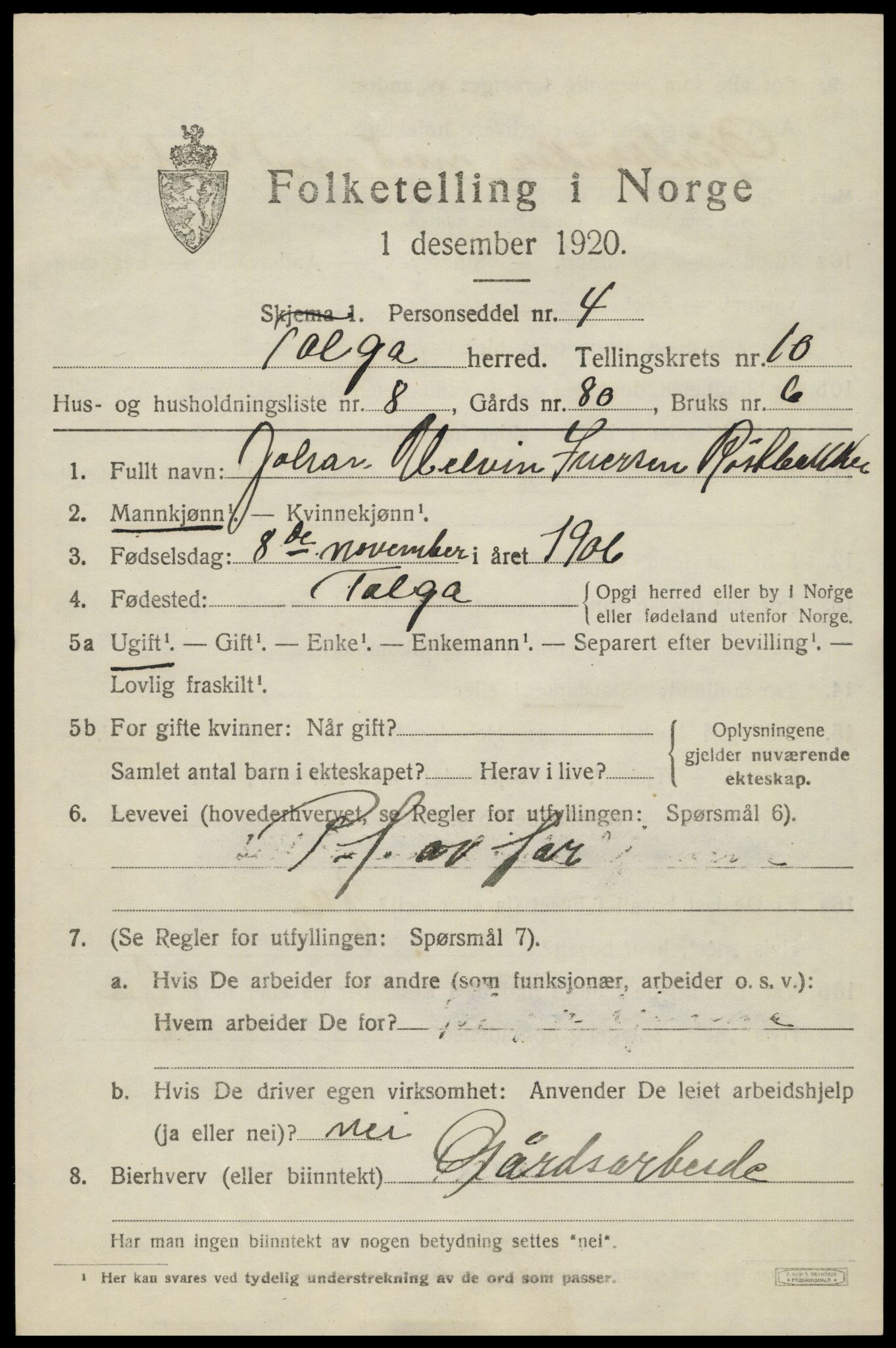 SAH, 1920 census for Tolga, 1920, p. 4977