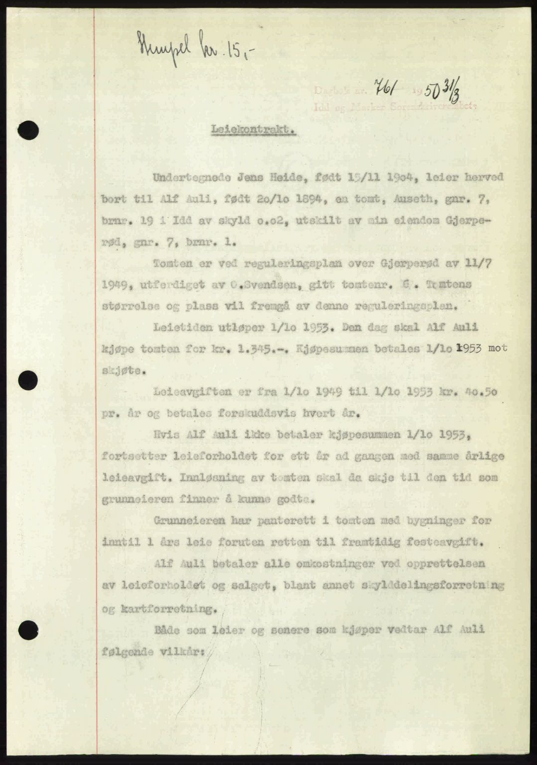 Idd og Marker sorenskriveri, AV/SAO-A-10283/G/Gb/Gbb/L0014: Mortgage book no. A14, 1950-1950, Diary no: : 761/1950