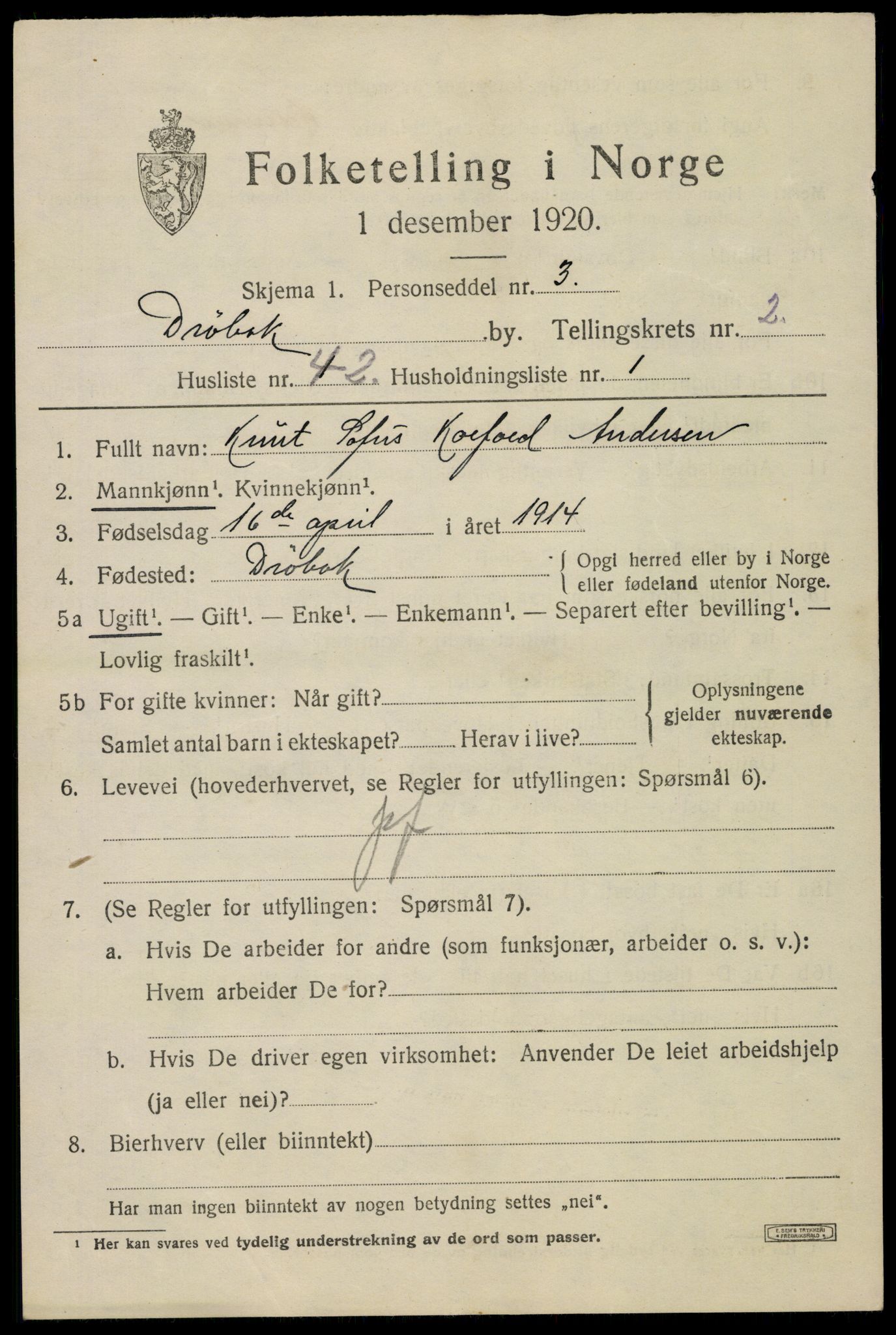 SAO, 1920 census for Drøbak, 1920, p. 3353