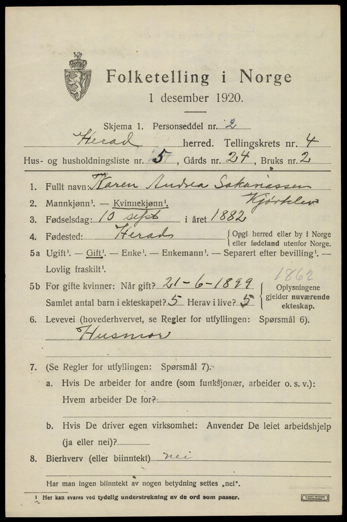 SAK, 1920 census for Herad, 1920, p. 1766