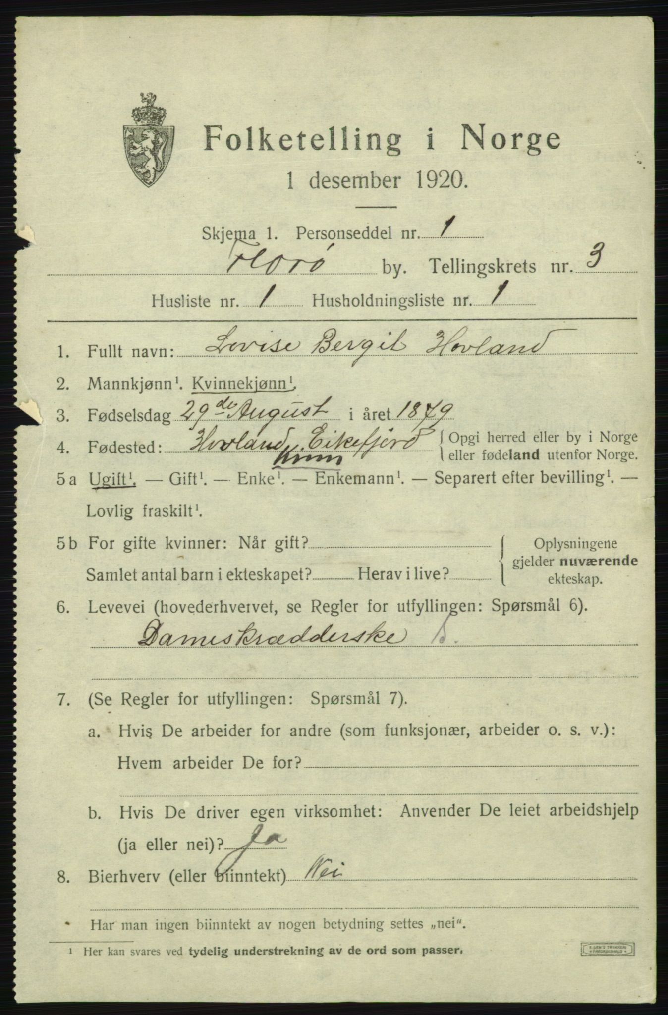 SAB, 1920 census for Florø, 1920, p. 3058