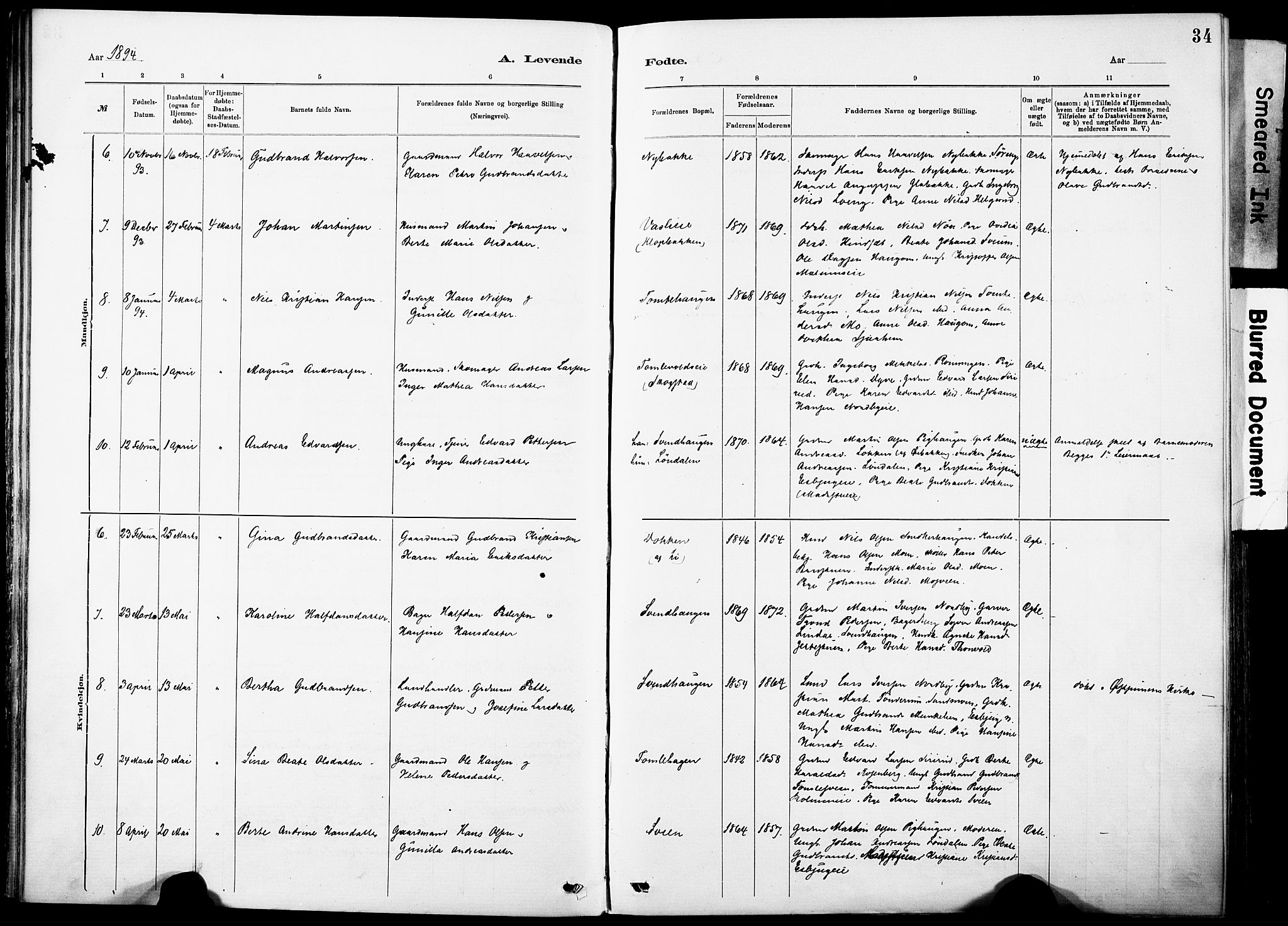 Nordre Land prestekontor, SAH/PREST-124/H/Ha/Haa/L0005: Parish register (official) no. 5, 1882-1903, p. 34