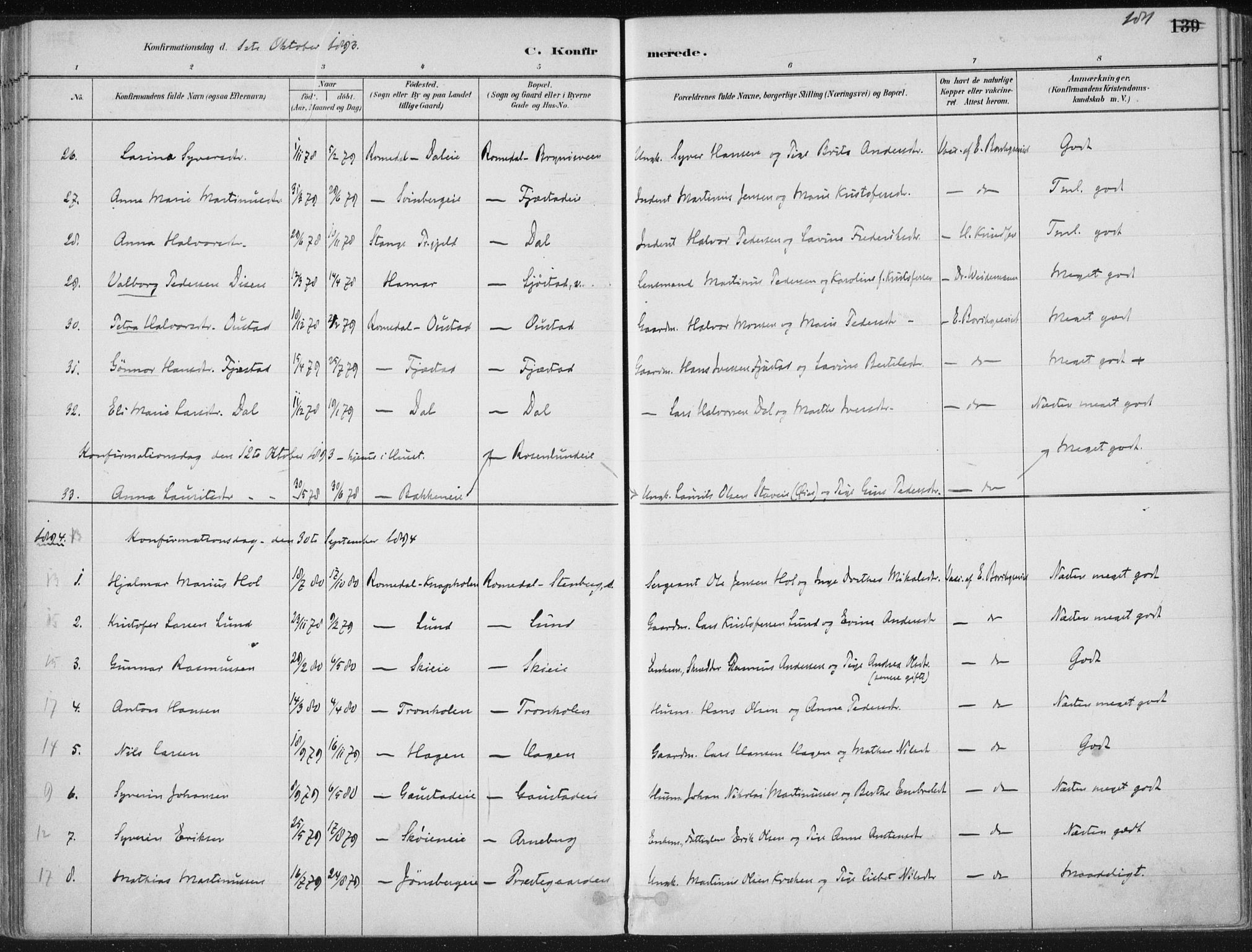 Romedal prestekontor, SAH/PREST-004/K/L0010: Parish register (official) no. 10, 1880-1895, p. 181