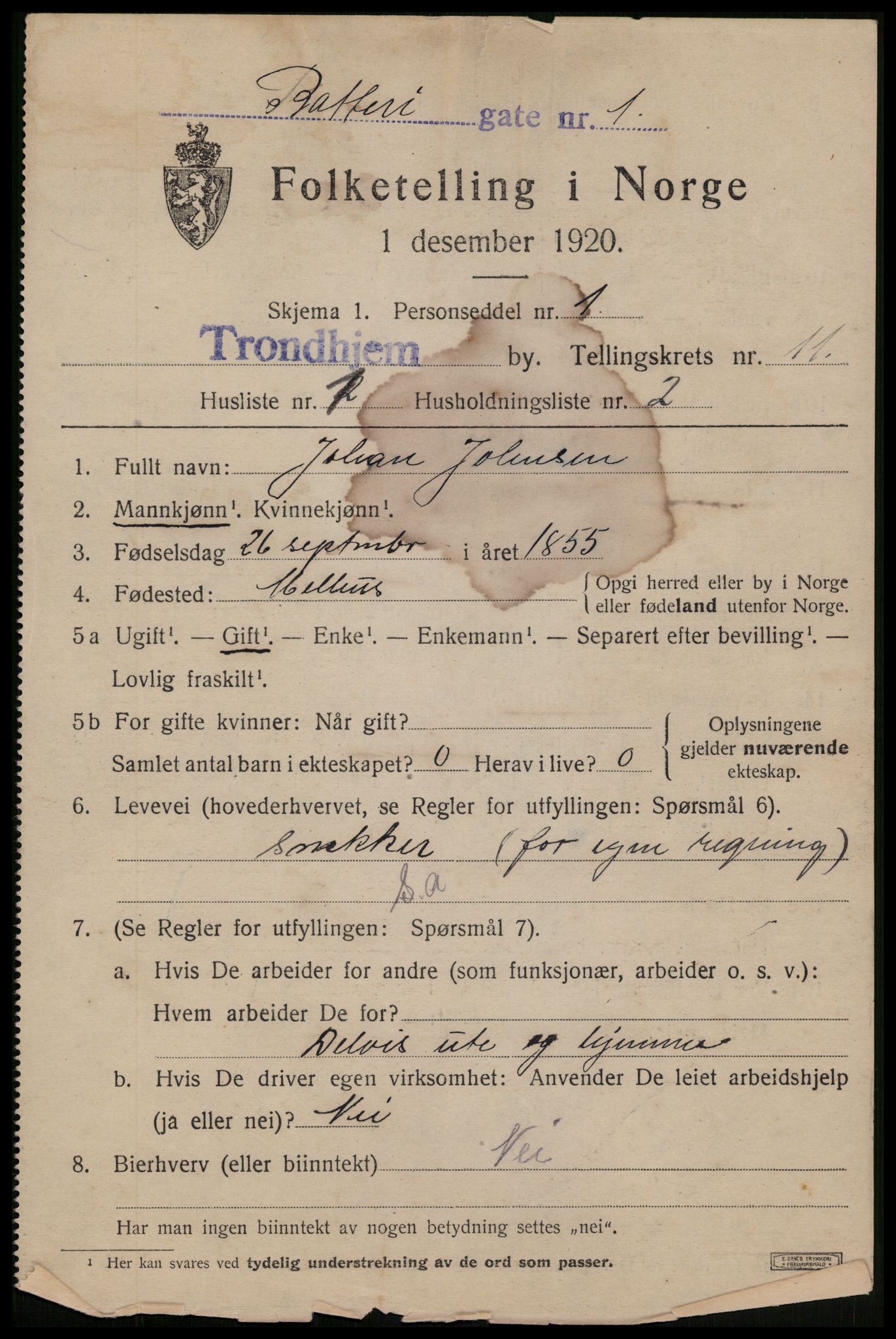 SAT, 1920 census for Trondheim, 1920, p. 46186