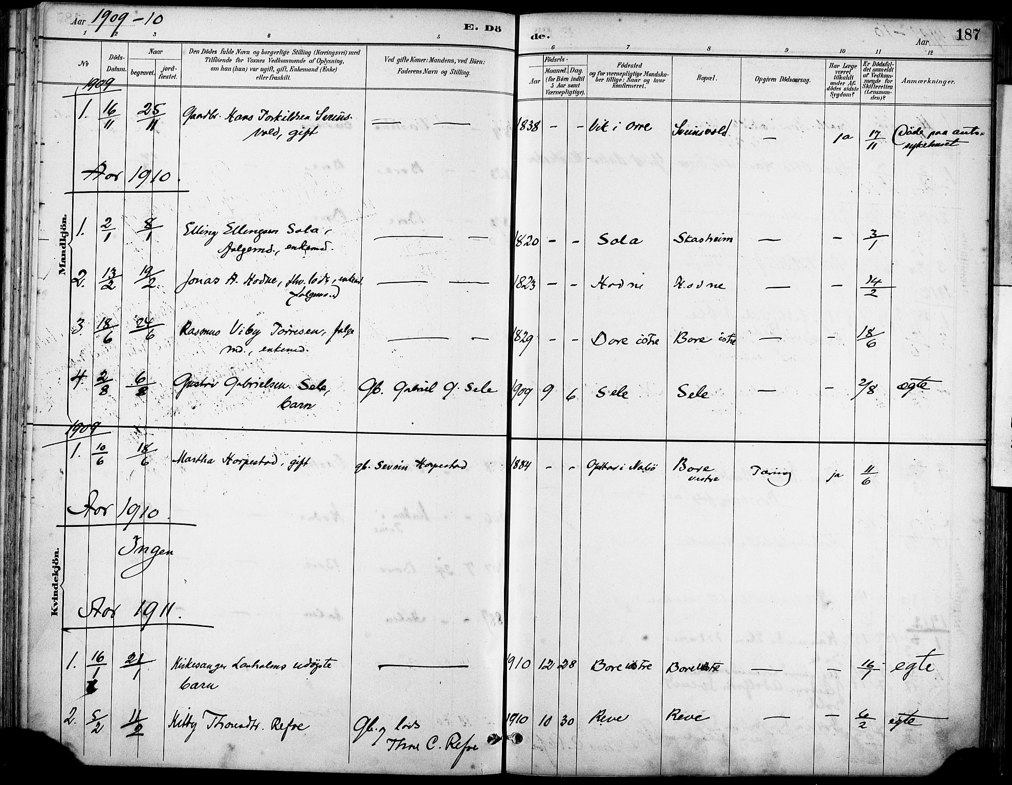 Klepp sokneprestkontor, SAST/A-101803/001/3/30BA/L0008: Parish register (official) no. A 9, 1886-1919, p. 187