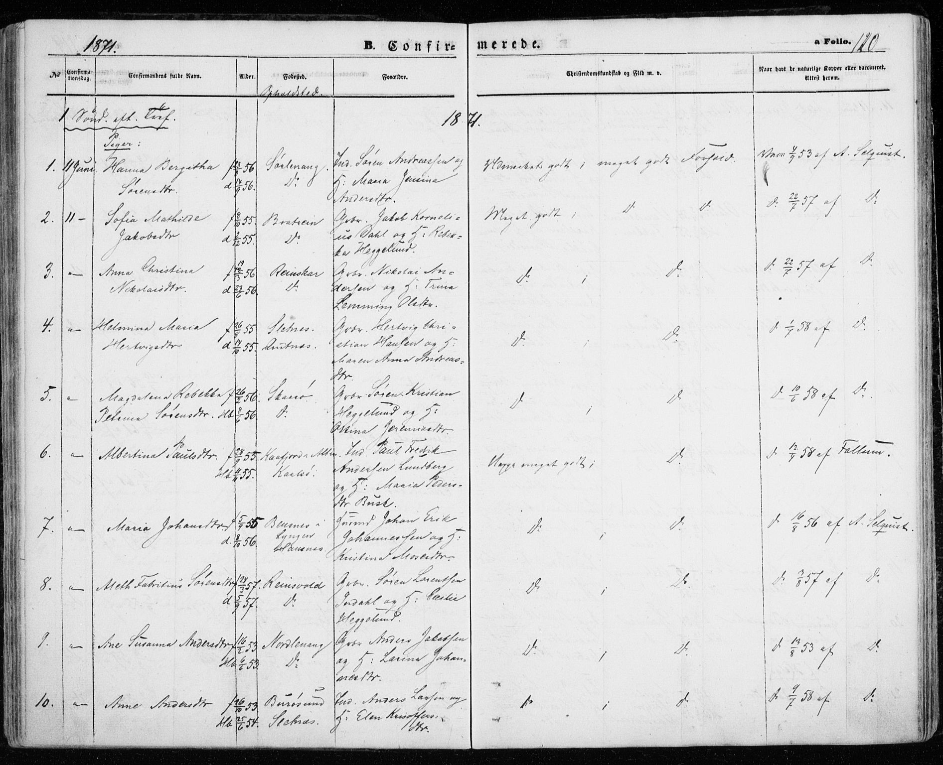 Karlsøy sokneprestembete, AV/SATØ-S-1299/H/Ha/Haa/L0004kirke: Parish register (official) no. 4, 1861-1871, p. 120