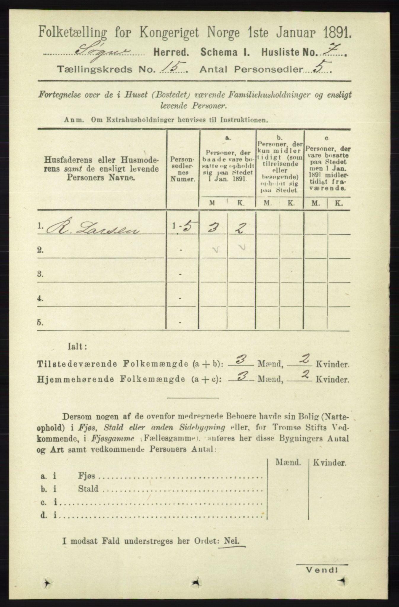 RA, 1891 census for 1018 Søgne, 1891, p. 3804