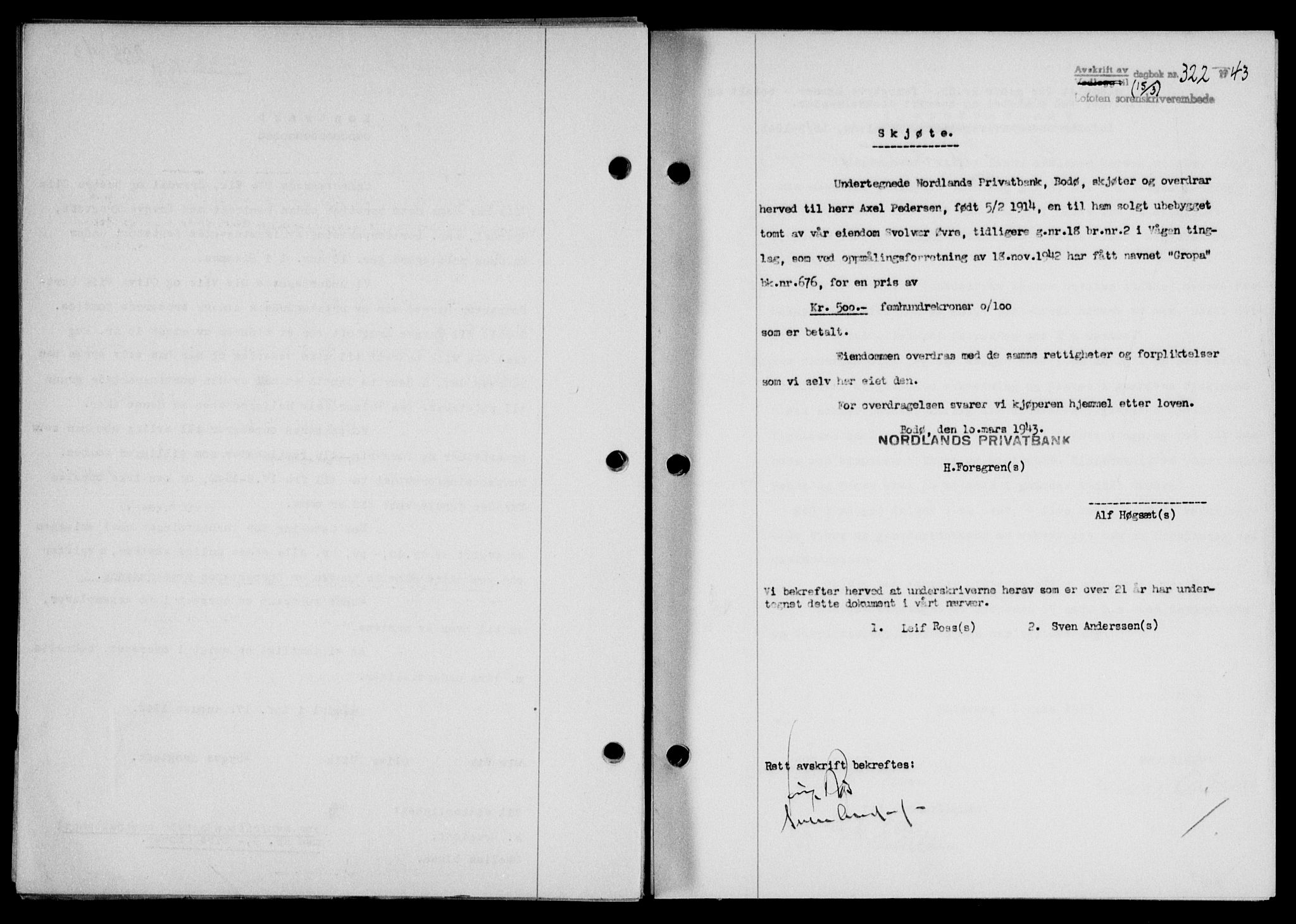 Lofoten sorenskriveri, SAT/A-0017/1/2/2C/L0011a: Mortgage book no. 11a, 1943-1943, Diary no: : 322/1943