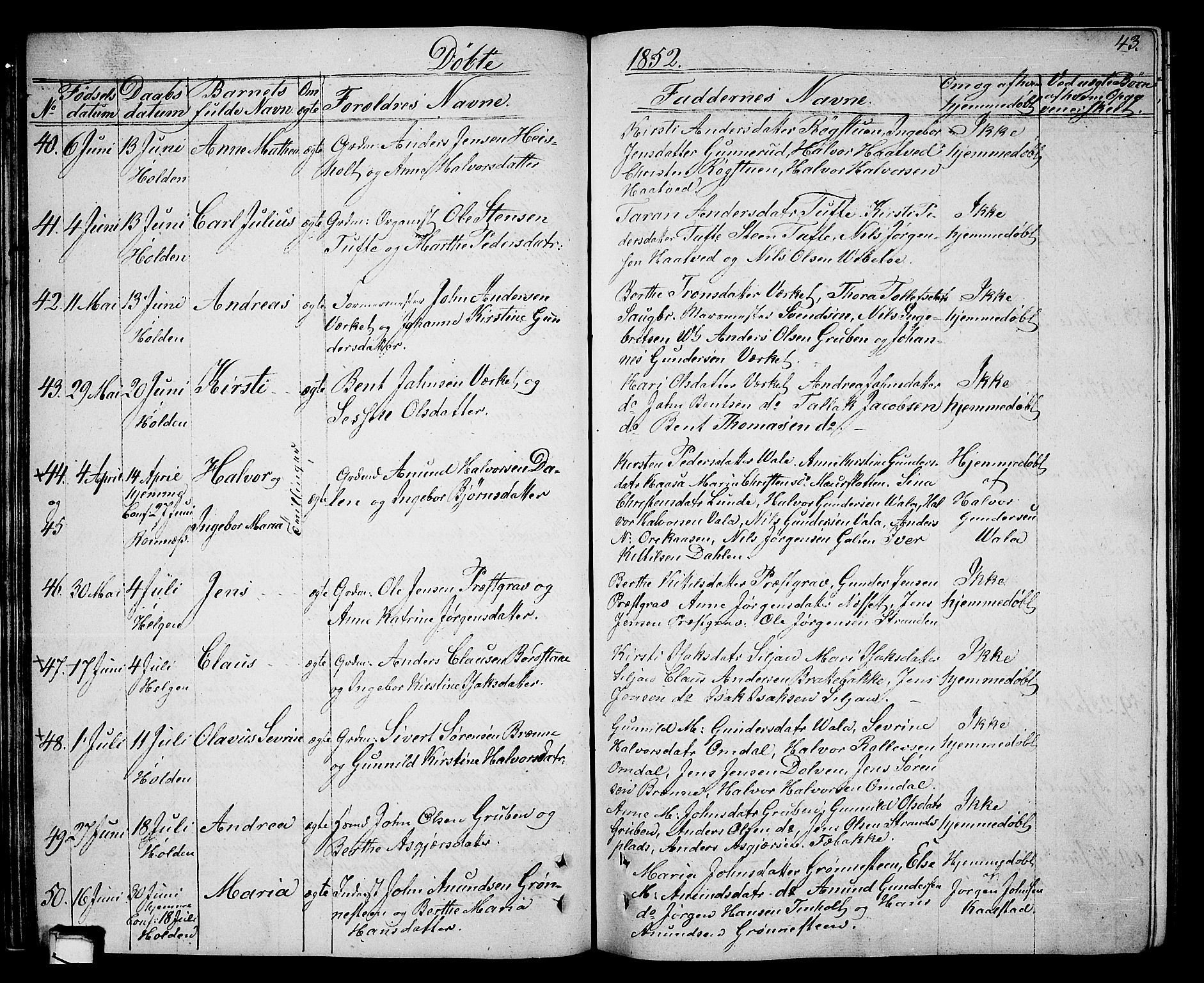 Holla kirkebøker, AV/SAKO-A-272/G/Ga/L0003: Parish register (copy) no. I 3, 1849-1866, p. 43