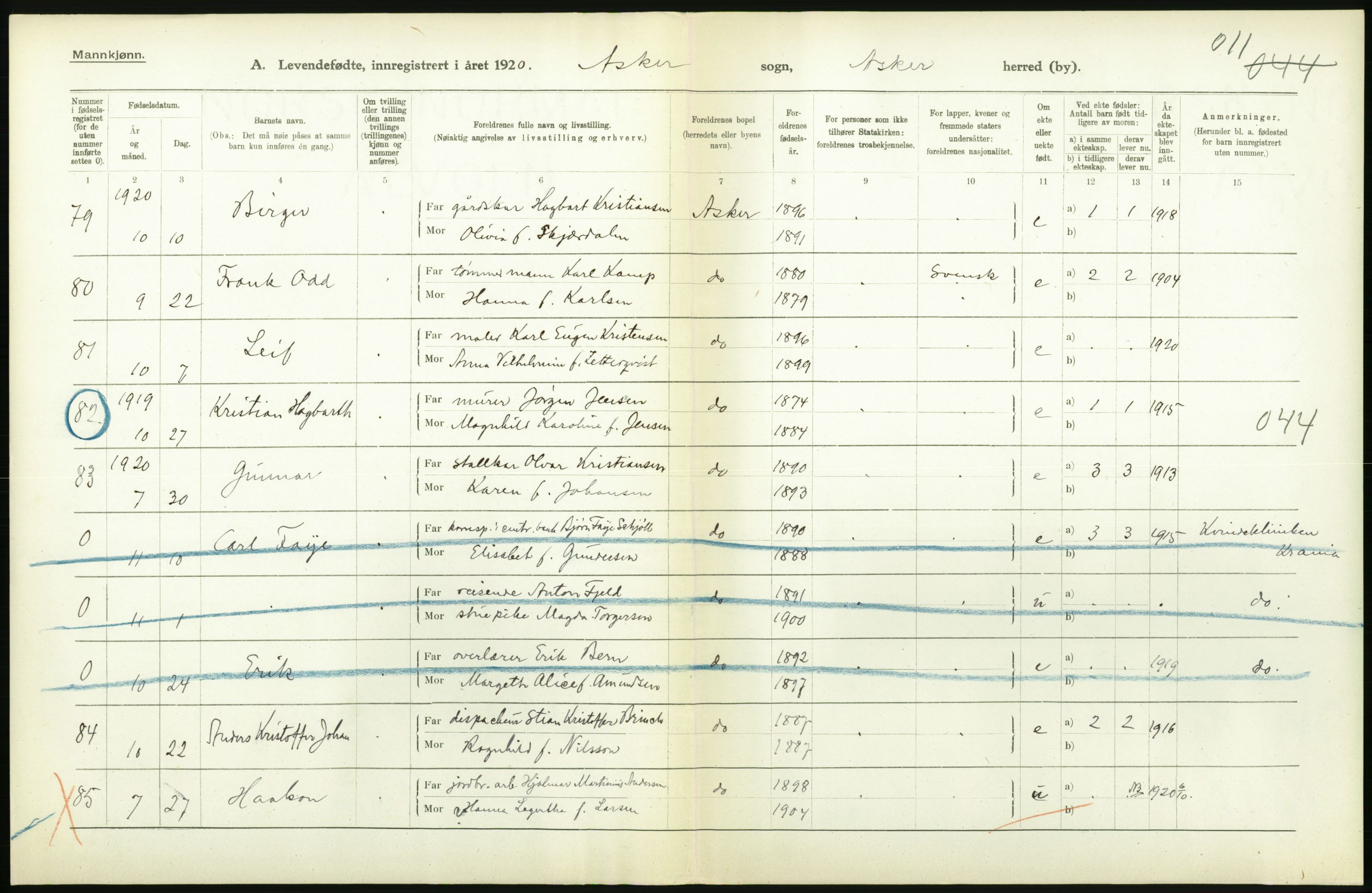 Statistisk sentralbyrå, Sosiodemografiske emner, Befolkning, RA/S-2228/D/Df/Dfb/Dfbj/L0004: Akershus fylke: Levendefødte menn og kvinner. Bygder., 1920, p. 392