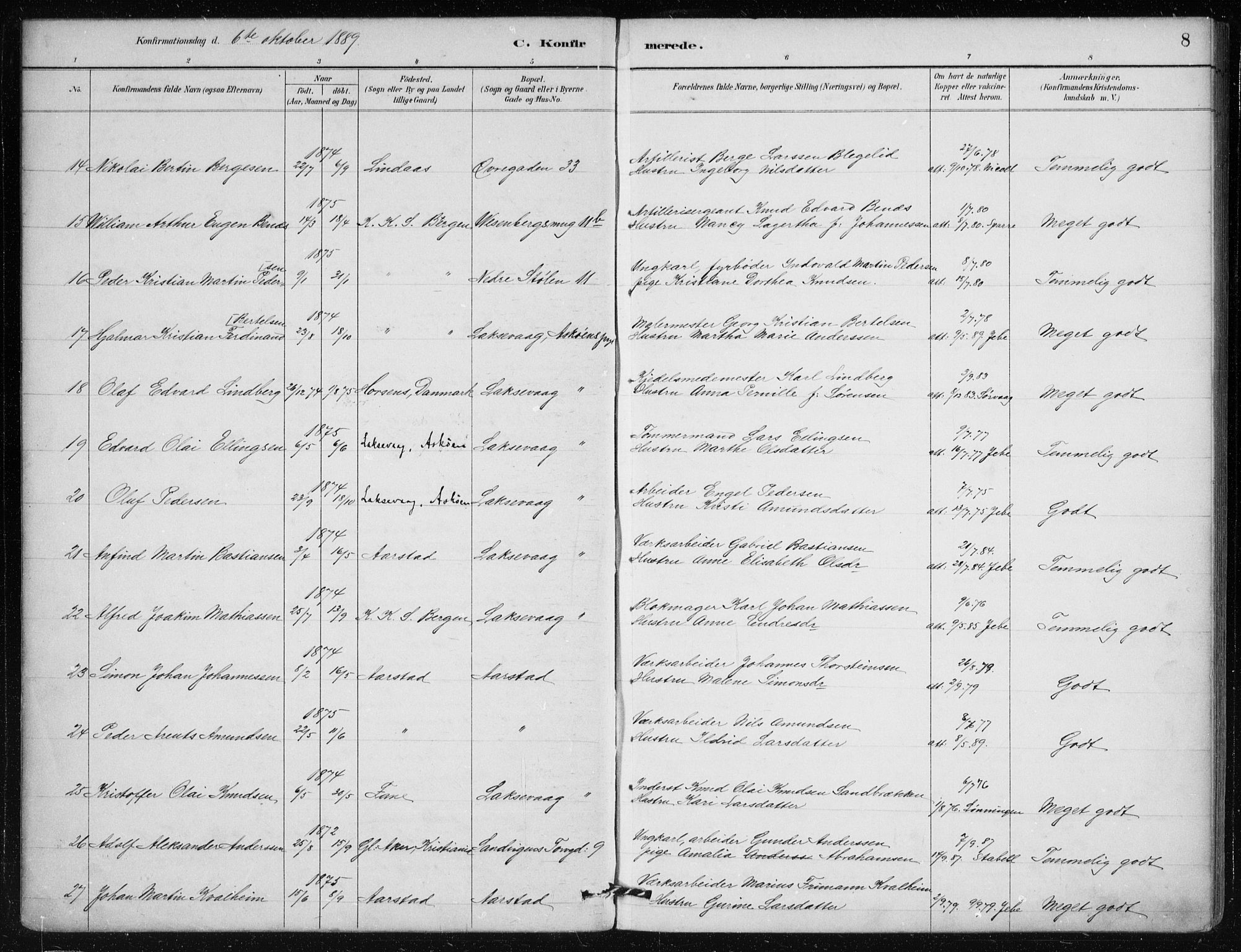 Mariakirken Sokneprestembete, AV/SAB-A-76901/H/Haa/L0013: Parish register (official) no. C 1, 1889-1900, p. 8