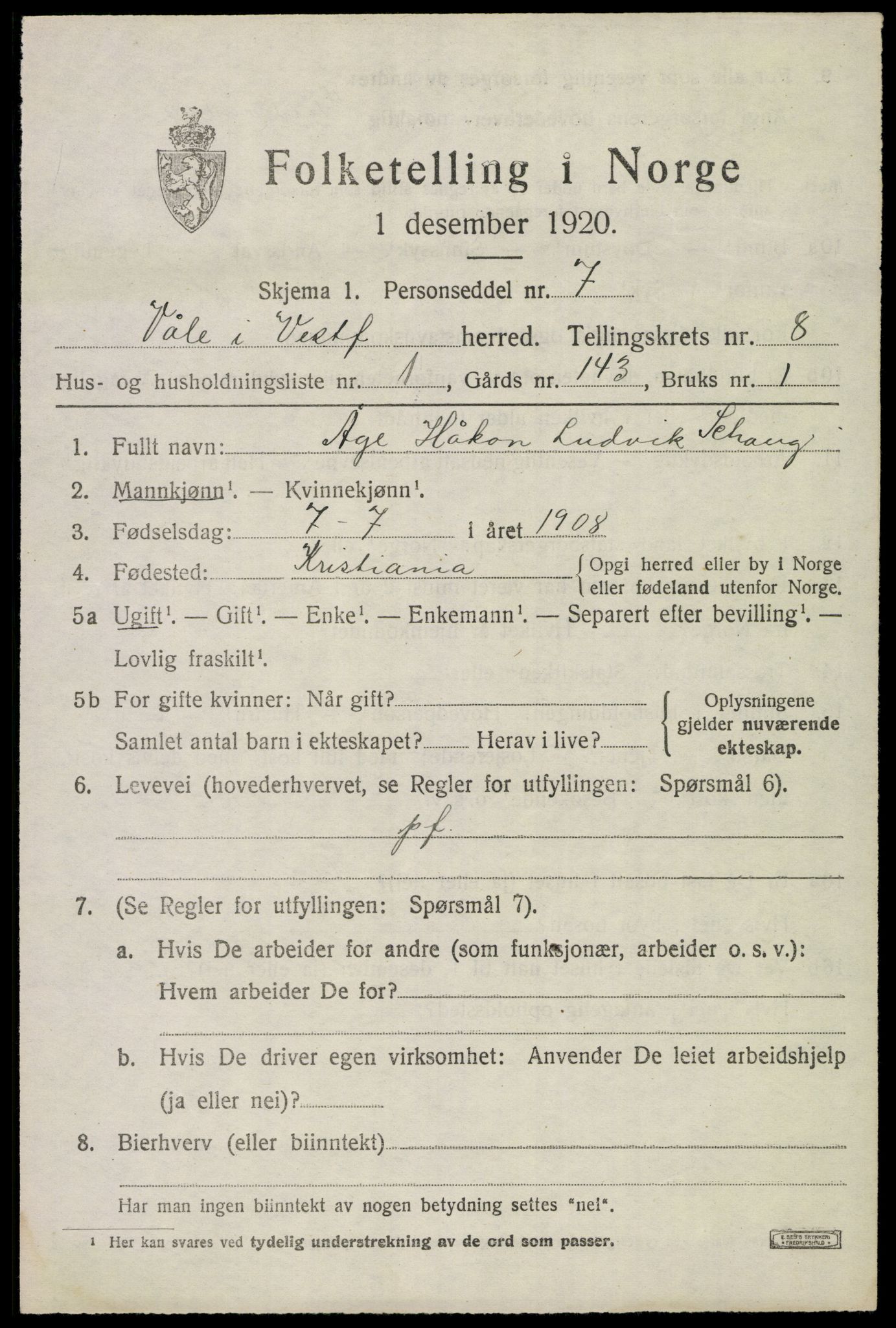 SAKO, 1920 census for Våle, 1920, p. 6172