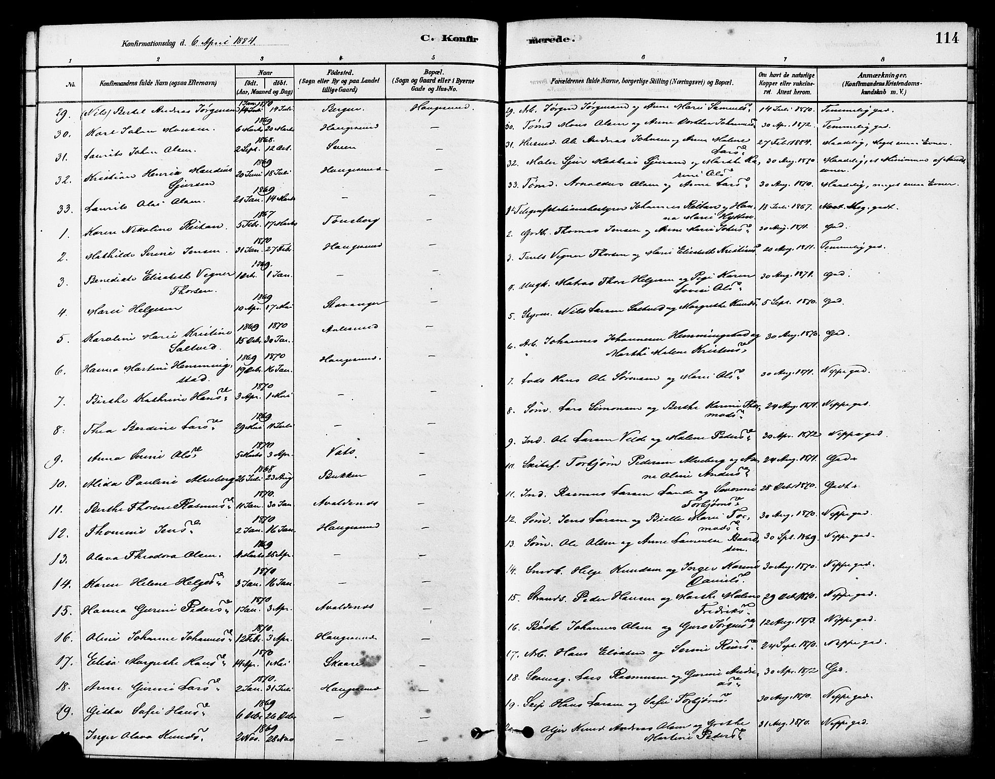 Haugesund sokneprestkontor, AV/SAST-A -101863/H/Ha/Haa/L0001: Parish register (official) no. A 1, 1878-1885, p. 114