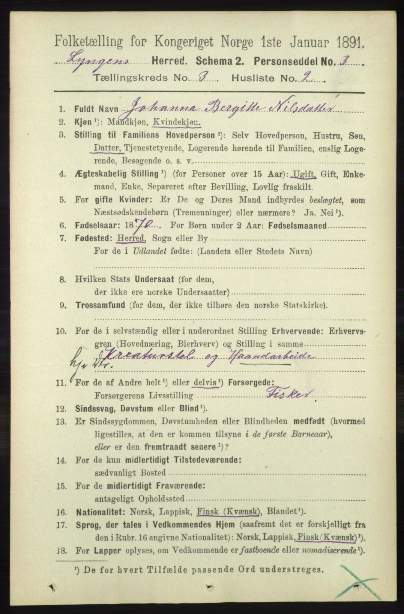 RA, 1891 census for 1938 Lyngen, 1891, p. 3144