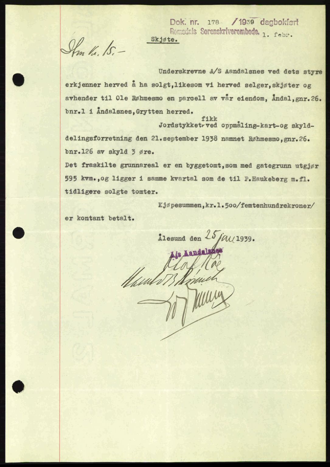 Romsdal sorenskriveri, AV/SAT-A-4149/1/2/2C: Mortgage book no. A6, 1938-1939, Diary no: : 178/1939