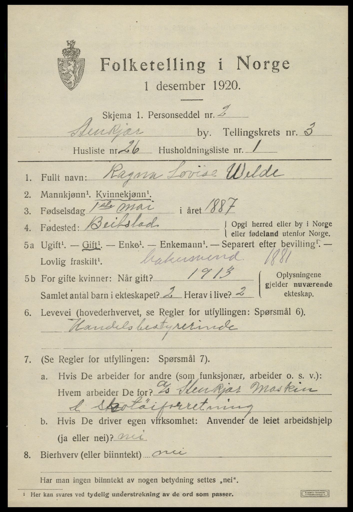 SAT, 1920 census for Steinkjer, 1920, p. 6314